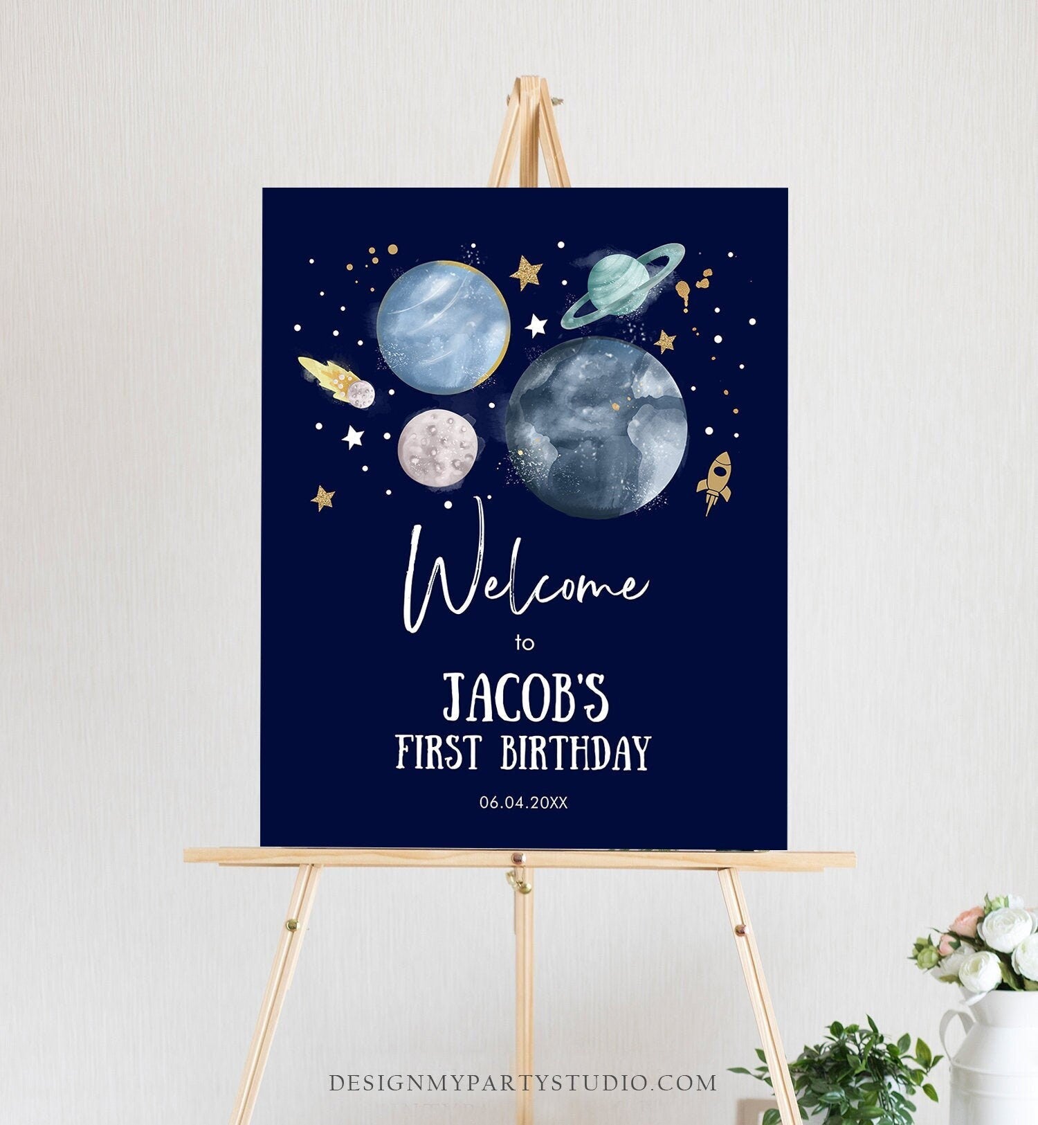 Editable Outer Space Birthday Welcome Sign 1st Birthday Boy Galaxy Planets Trip Around the Sun Astronaut Template PRINTABLE Corjl 0357