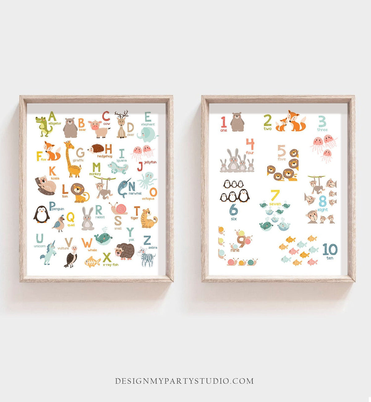 Set of 2 Alphabet Wall Art Alphabet Animals Animal Numbers 3 DIFFERENT SIZES Alphabet Poster Wall Decal ABC Nursery Decor Digital Printable