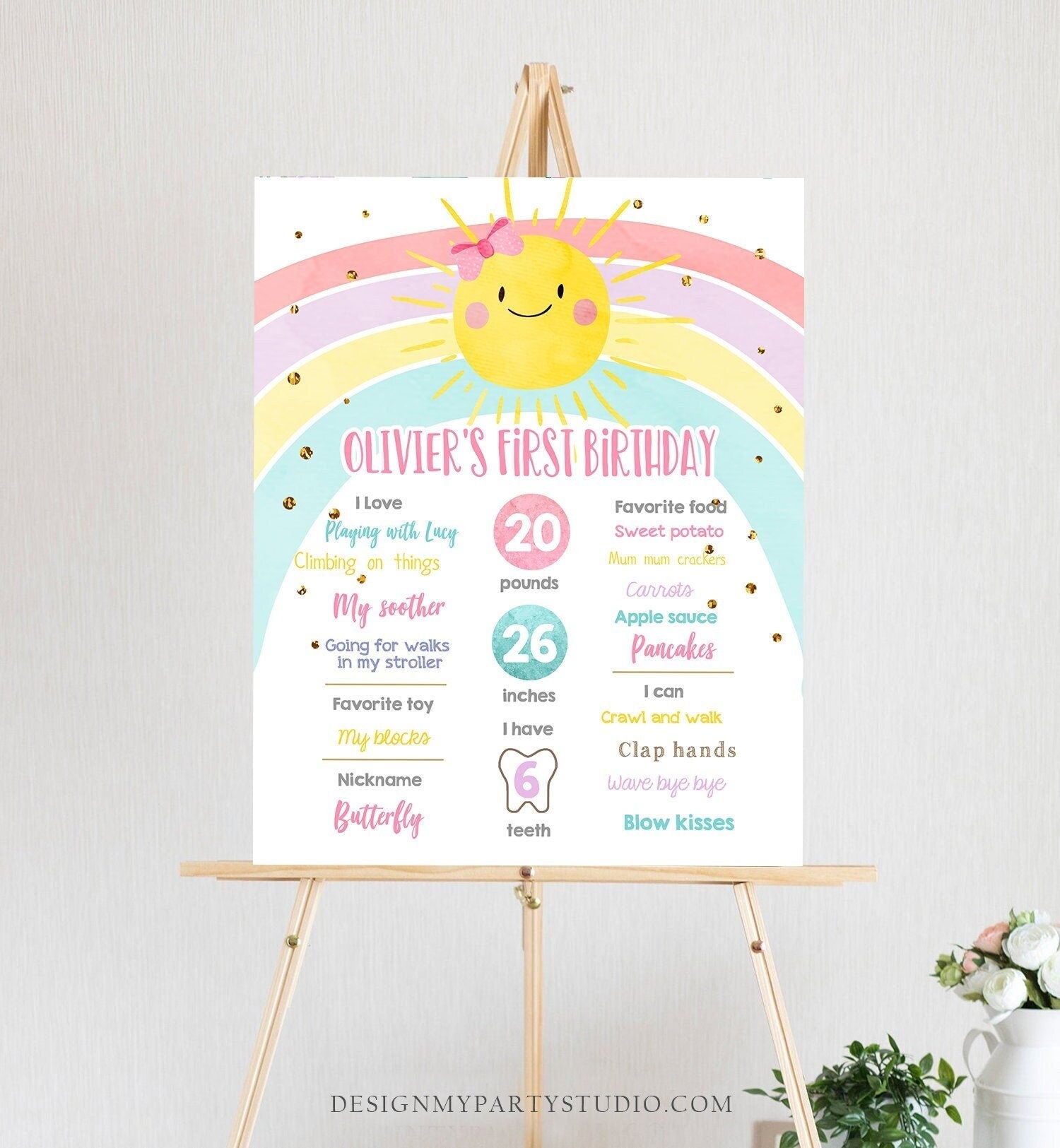 Editable Little Sunshine Rainbow Birthday Milestones Sign Summer First Birthday 1st Birthday Girl Pink Bow Template Printable Corjl 0402