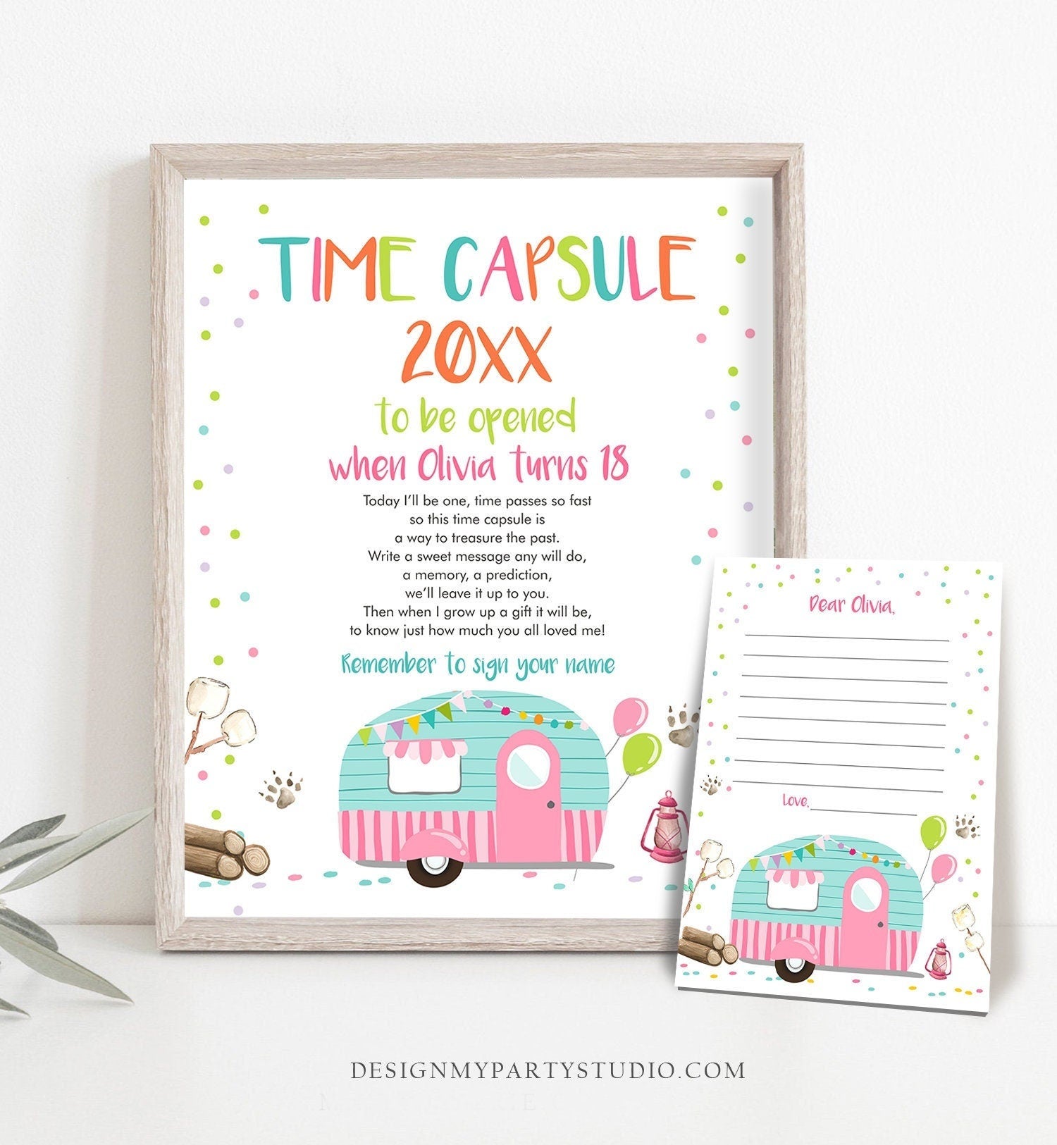 Editable Happy Camper Time Capsule Girl Birthday Party Camping Glamping Caravan Outdoor Pink Guestbook Template Printable Corjl 0342