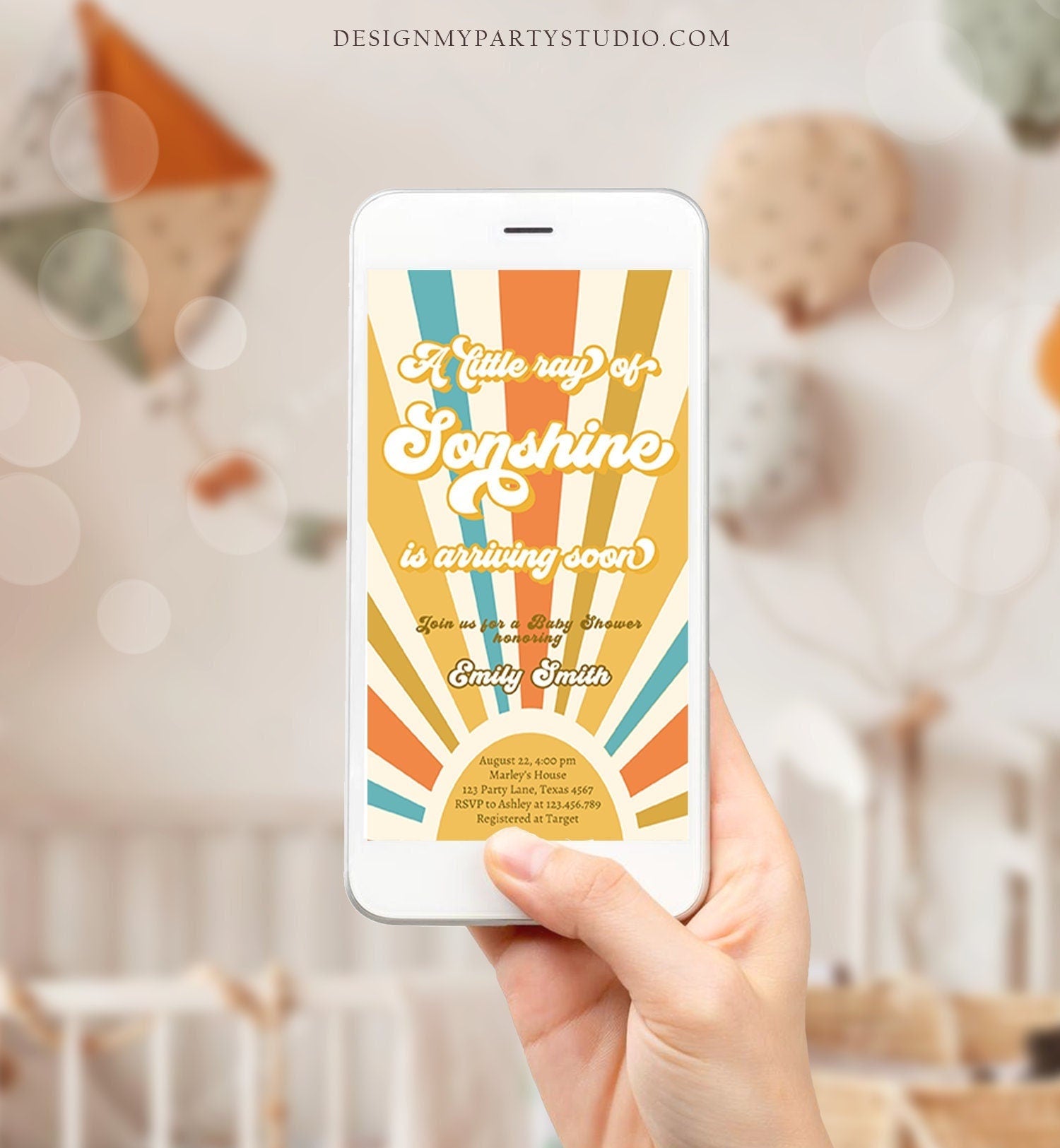 Editable Little Ray of Sonshine Baby Shower Evite Baby Boy Sunshine Baby Shower Invitation Retro Instant Download Phone Corjl Template 0457