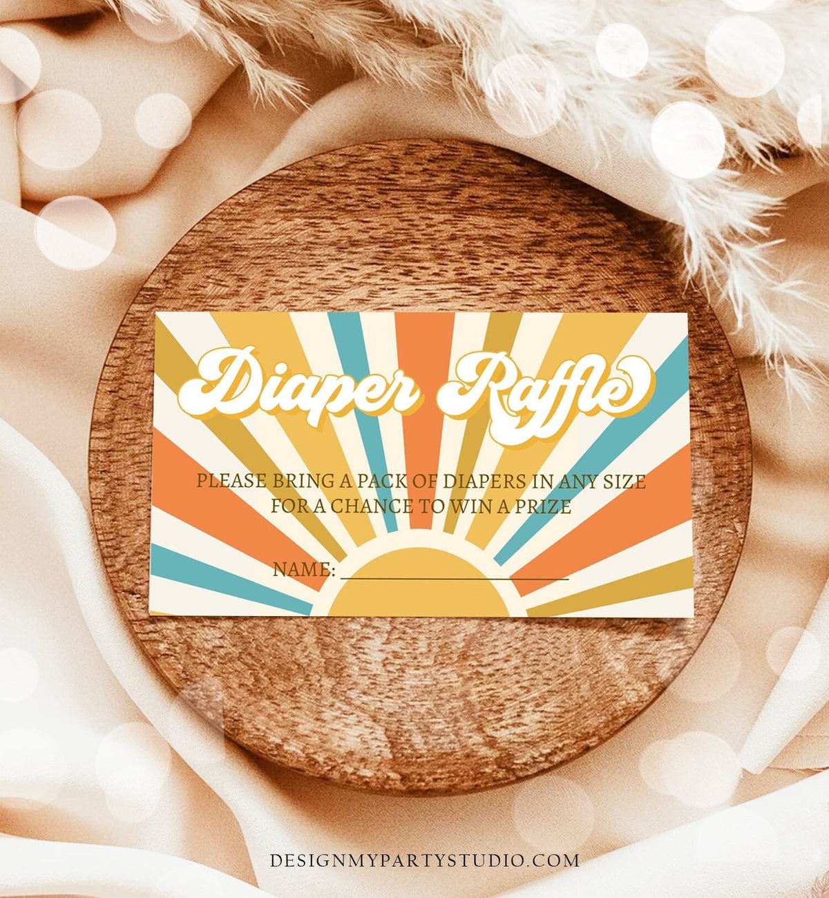 Editable Sunshine Diaper Raffle Ticket Ray of Sonshine Baby shower Boy Diaper Game Retro Little Sunshine Groovy Boy PRINTABLE Corjl 0457