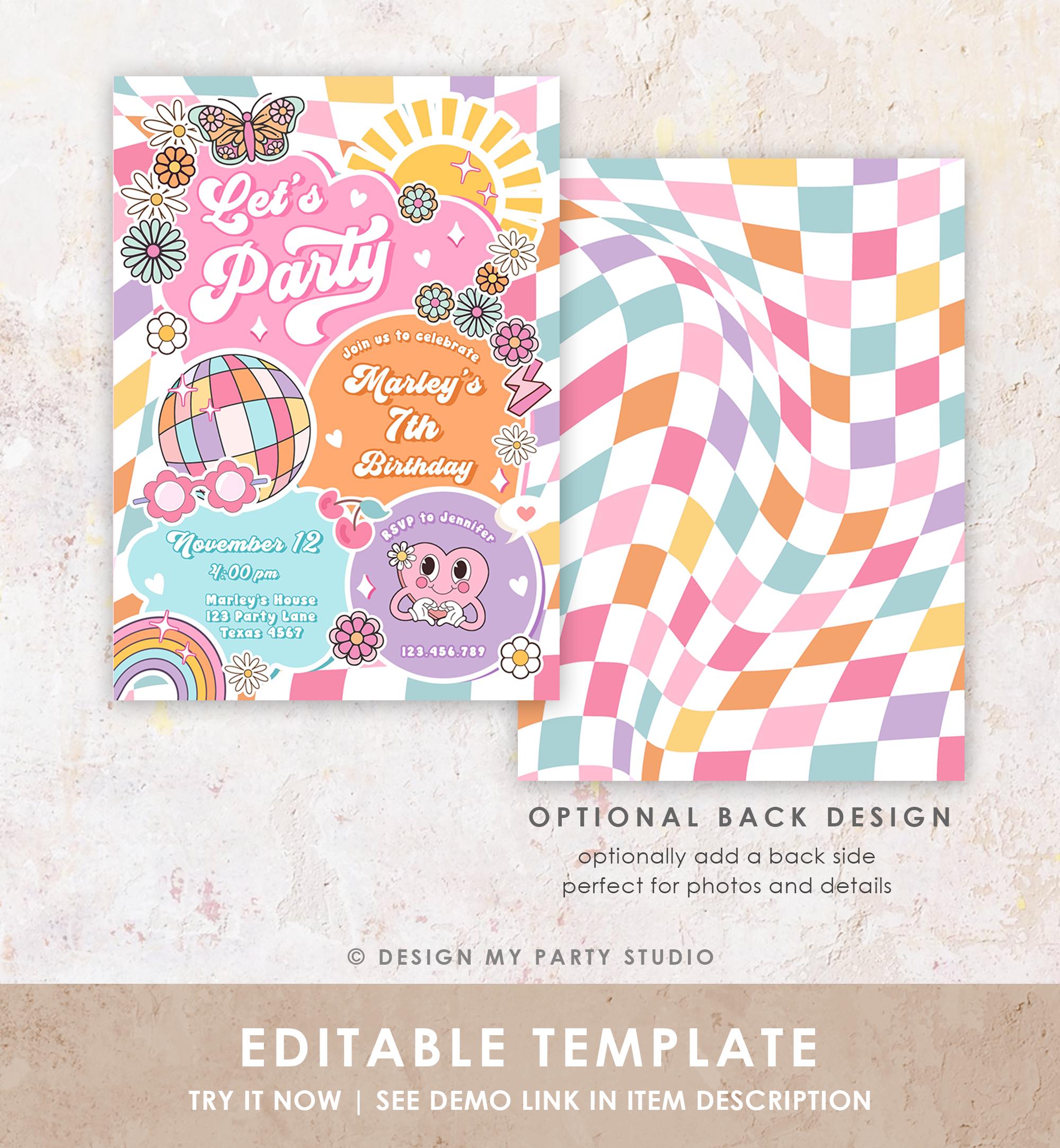 Editable Let's Party Groovy Birthday Party Invitation Retro Hippie Peace Sunshine Preppy Varsity Disco Digital Evite Template Printable 0524