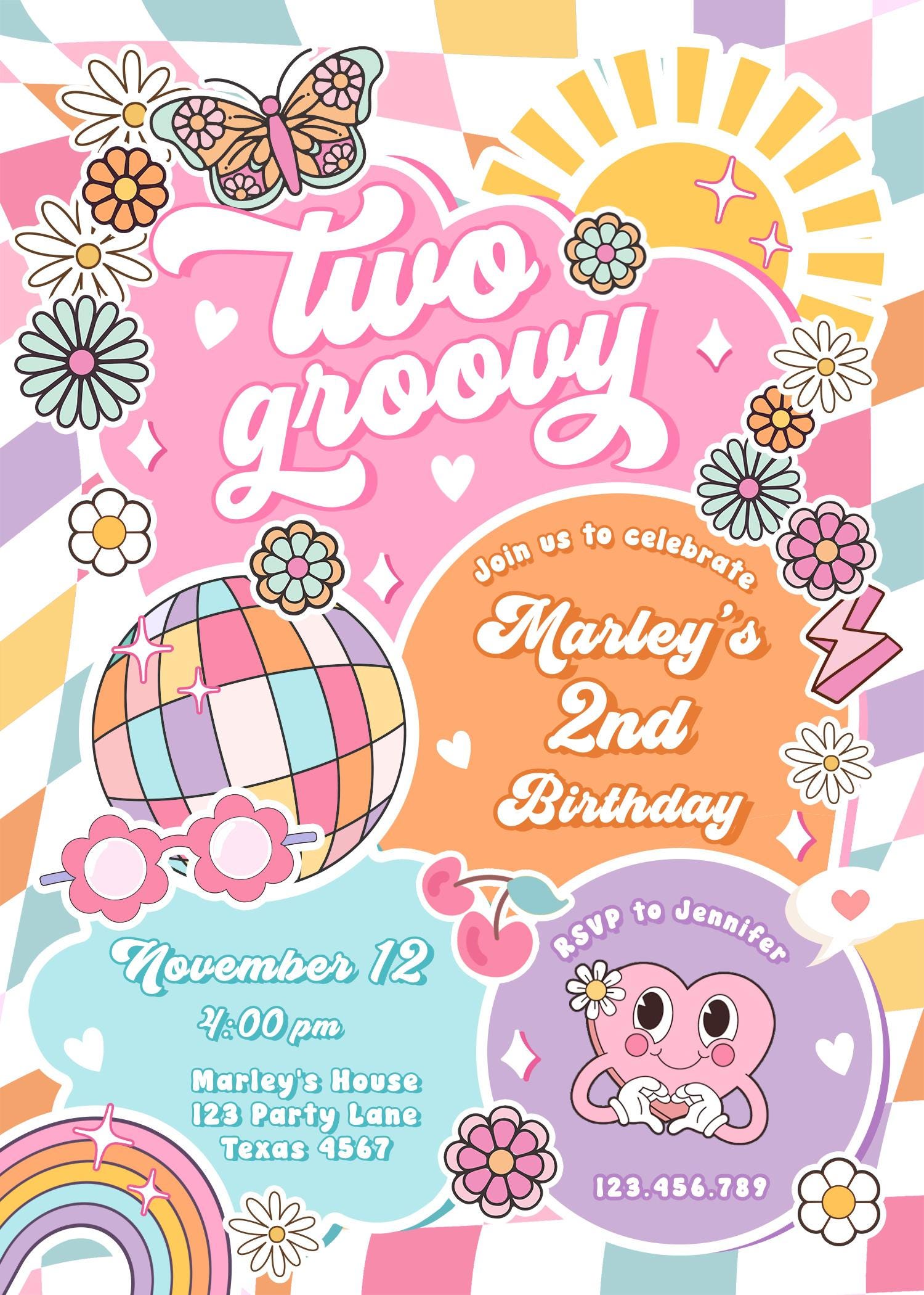 Editable Two Groovy 2nd Birthday Party Invitation Retro Hippie Peace Sunshine Preppy Varsity Disco Digital Evite Template Printable 0524