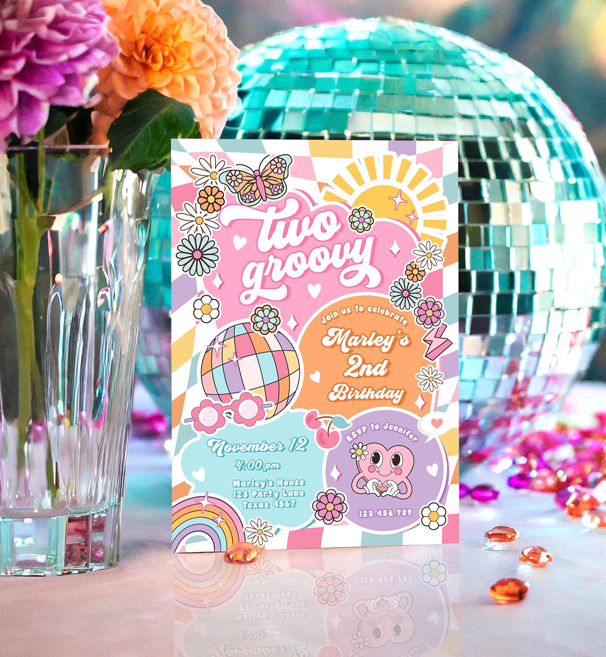 Editable Two Groovy 2nd Birthday Party Invitation Retro Hippie Peace Sunshine Preppy Varsity Disco Digital Evite Template Printable 0524