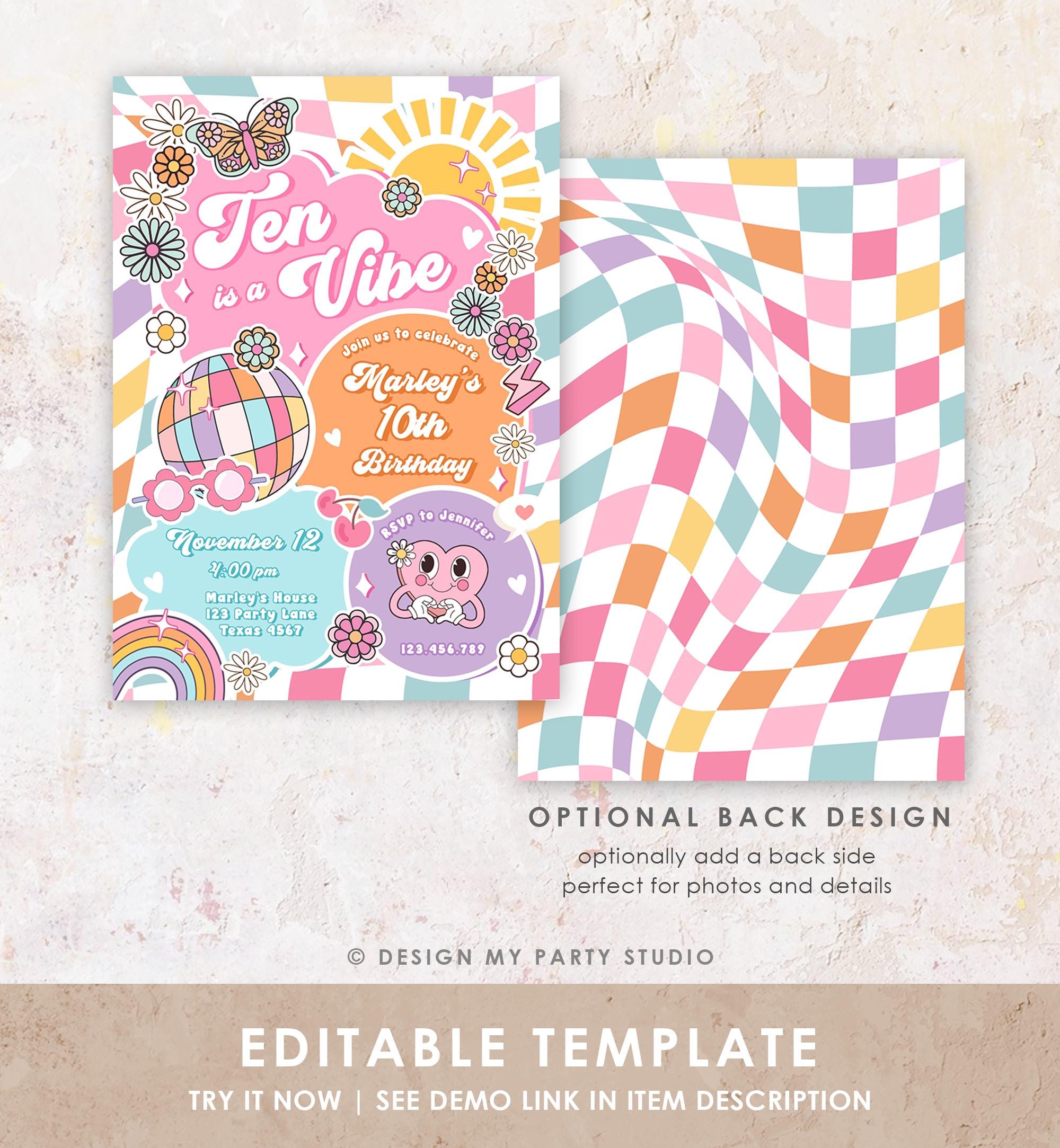 Editable Ten is a Vibe Groovy 10th Birthday Party Invitation Groovy Hippie Peace Preppy Varsity Disco Digital Evite Template Printable 0524