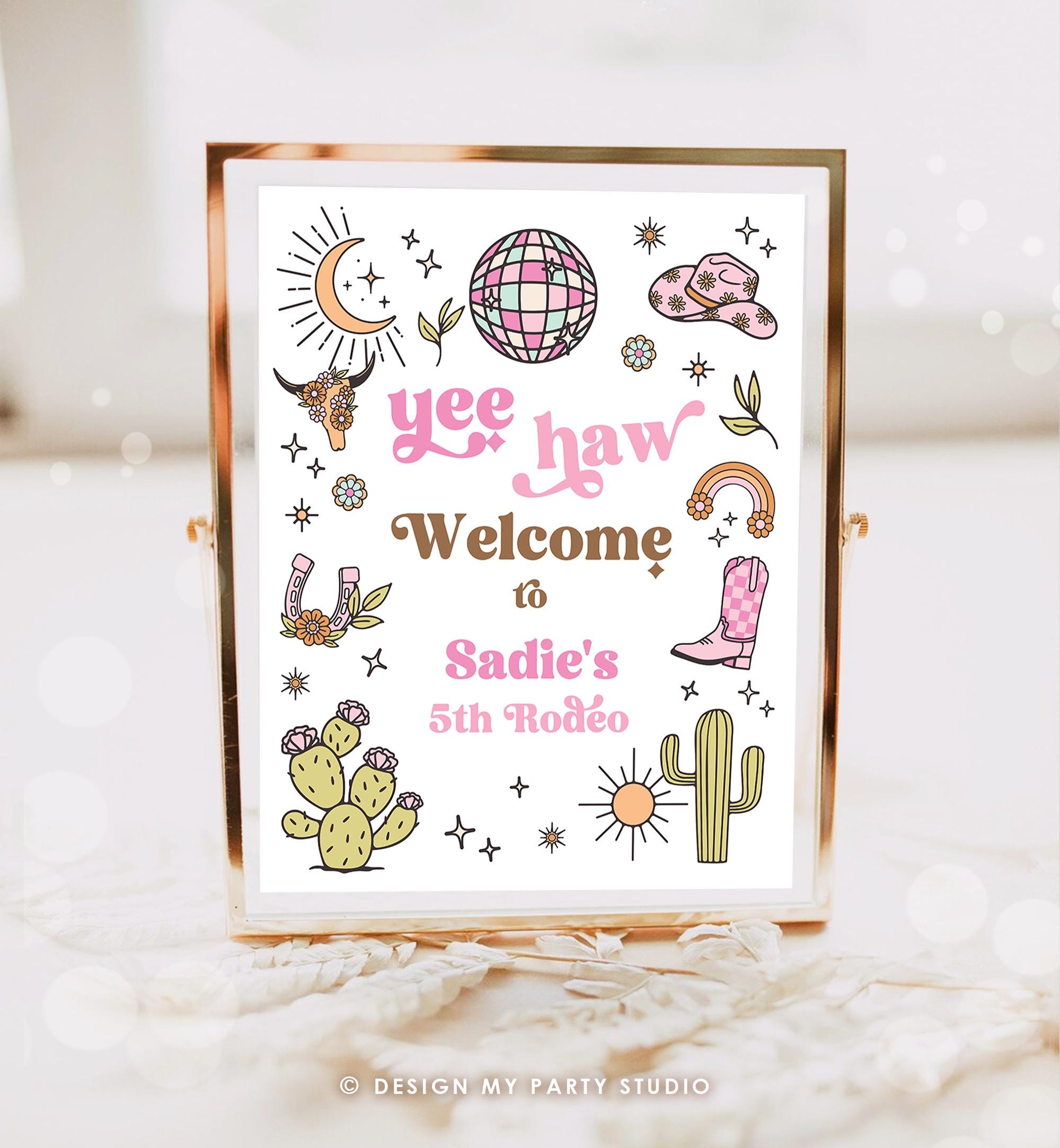 Editable Rodeo Cowgirl Welcome Sign Space Disco Cowgirl Birthday Door Sign Wild West Party Sign Poster Pink Digital Template Printable 0519