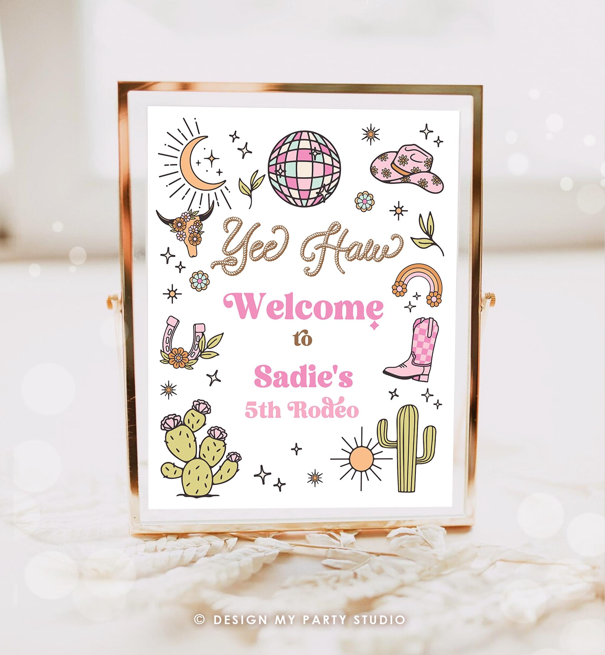 Editable Rodeo Cowgirl Welcome Sign Space Disco Cowgirl Birthday Door Sign Wild West Party Sign Poster Pink Digital Template Printable 0519