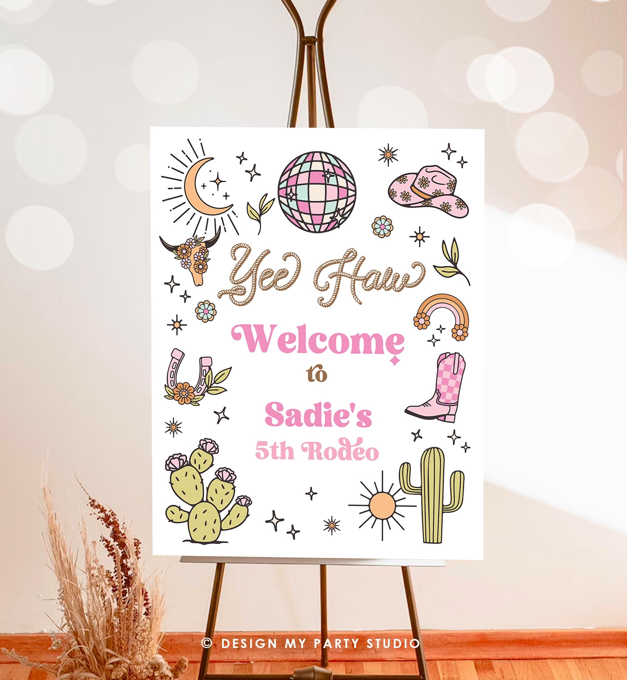 Editable Rodeo Cowgirl Welcome Sign Space Disco Cowgirl Birthday Door Sign Wild West Party Sign Poster Pink Digital Template Printable 0519