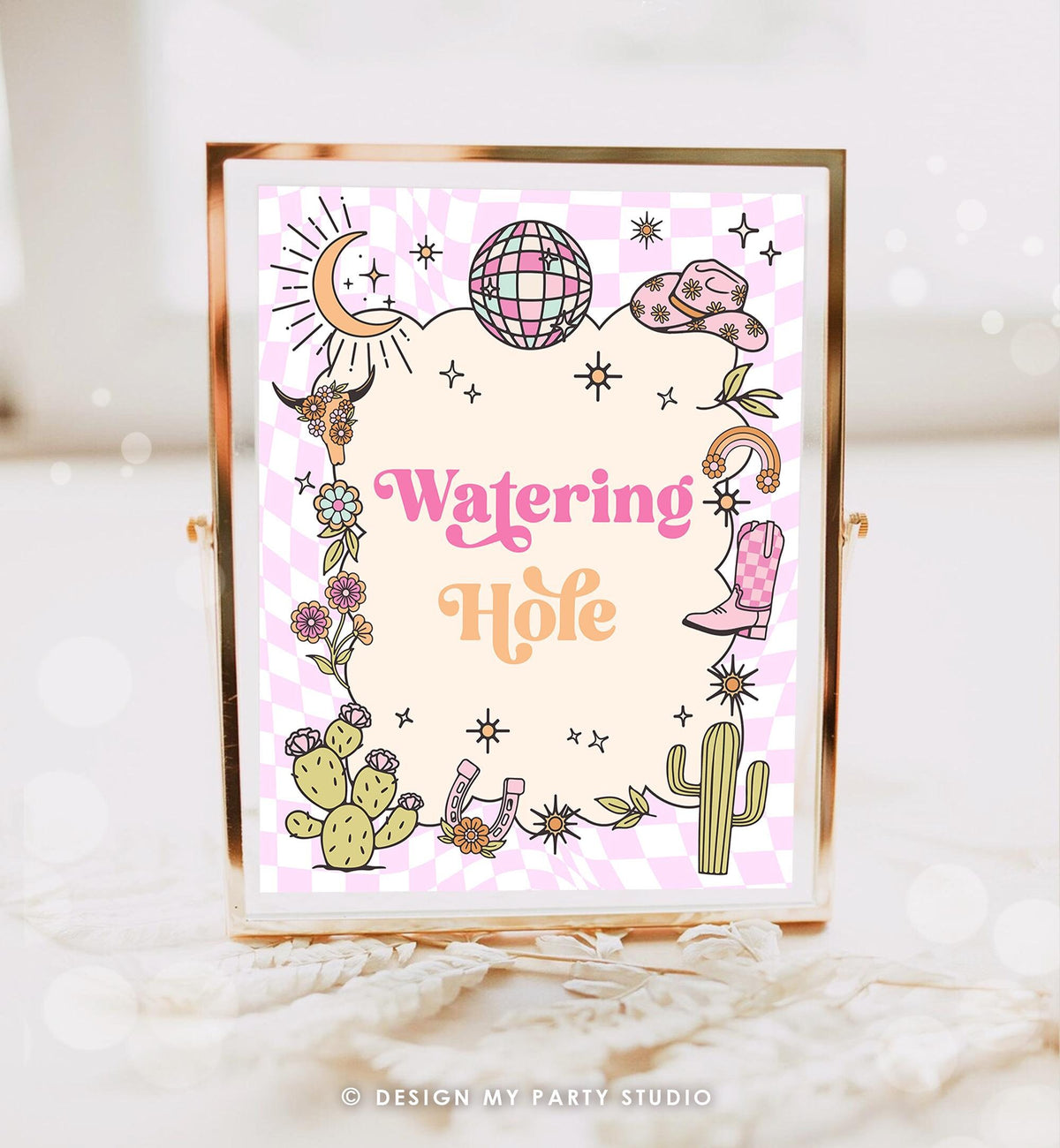 Watering Hole Sign Space Cowgirl Birthday Party Sign Drinks Disco Cowgirl Sign Pink Rodeo Party Nashville Wild West Country Printable 0519