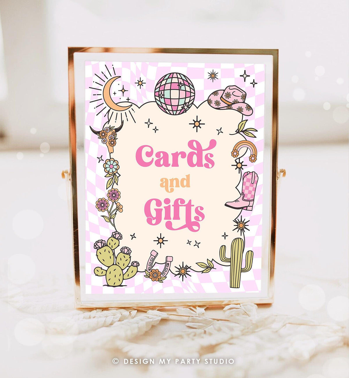 Cards and Gift Sign Space Cowgirl Birthday Party Sign Disco Cowgirl Sign Pink Rodeo Party Nashville Wild West Country Digital Printable 0519