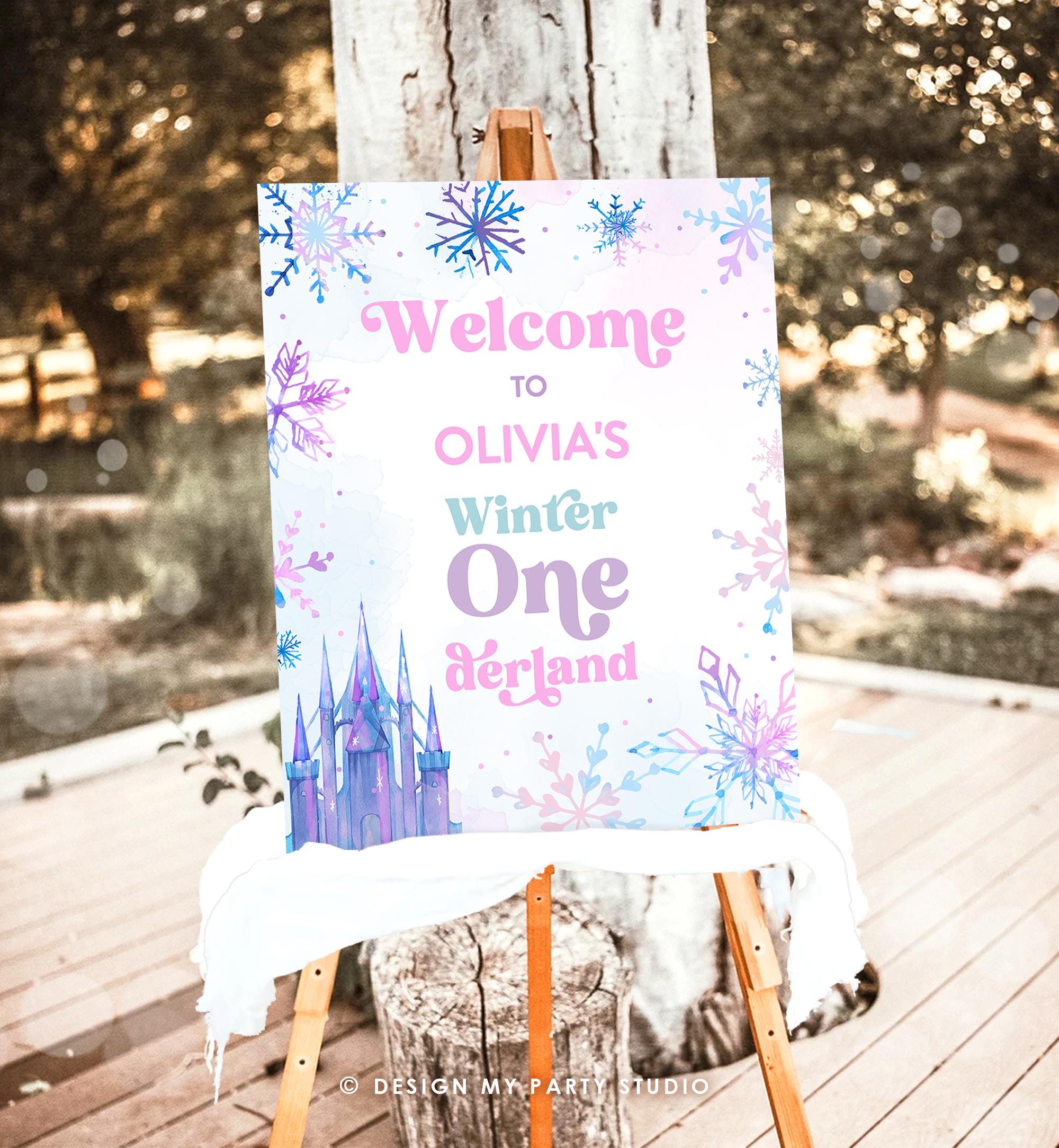 Editable Winter ONEderland Welcome Sign Watercolor First Birthday Girl Pink Purple Snowflake Princess Castle Digital Template Printable 0518