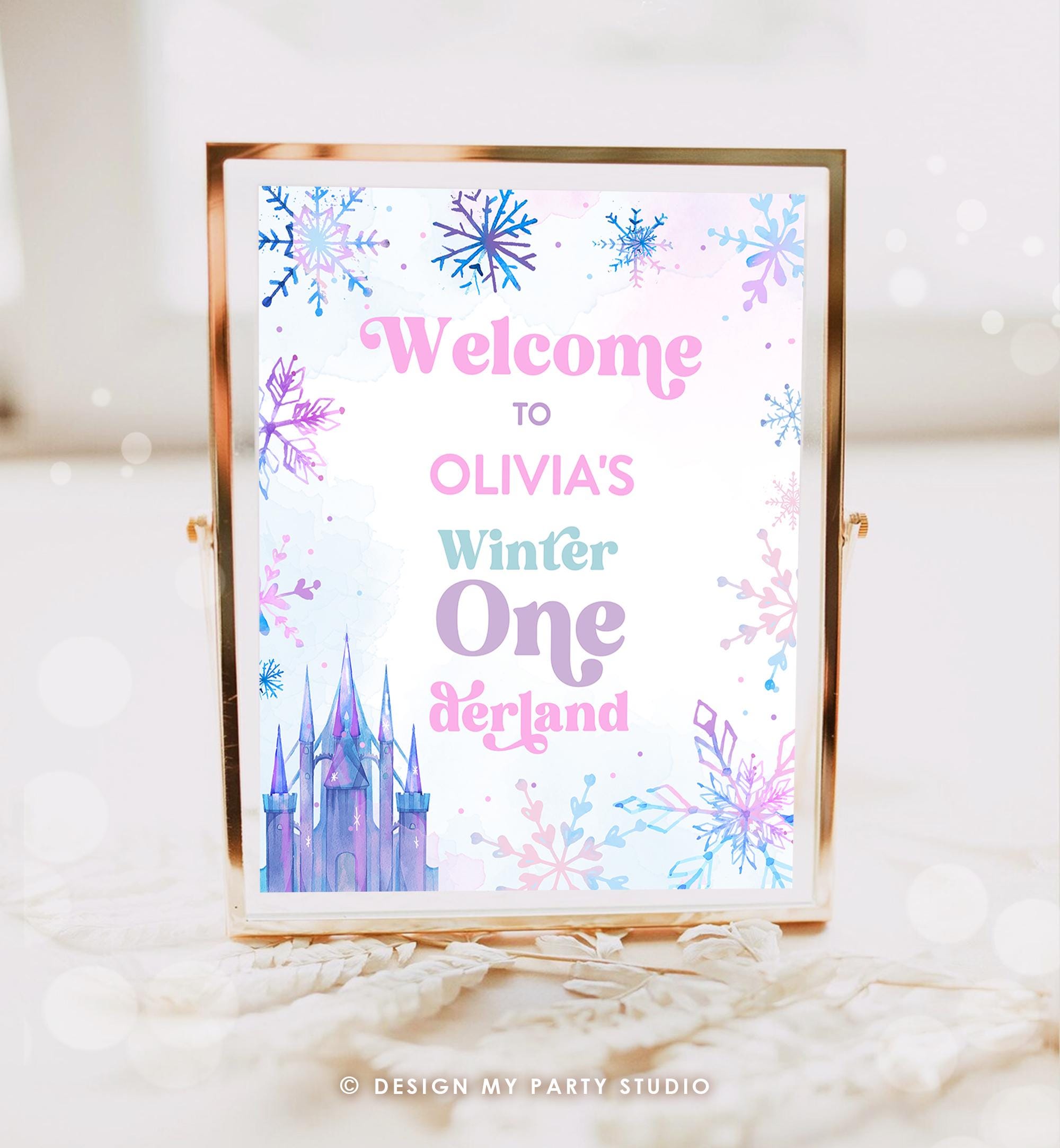 Editable Winter ONEderland Welcome Sign Watercolor First Birthday Girl Pink Purple Snowflake Princess Castle Digital Template Printable 0518