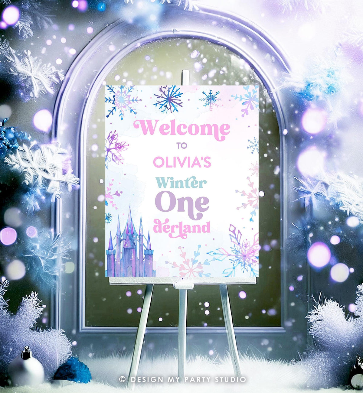 Editable Winter ONEderland Welcome Sign Watercolor First Birthday Girl Pink Purple Snowflake Princess Castle Digital Template Printable 0518