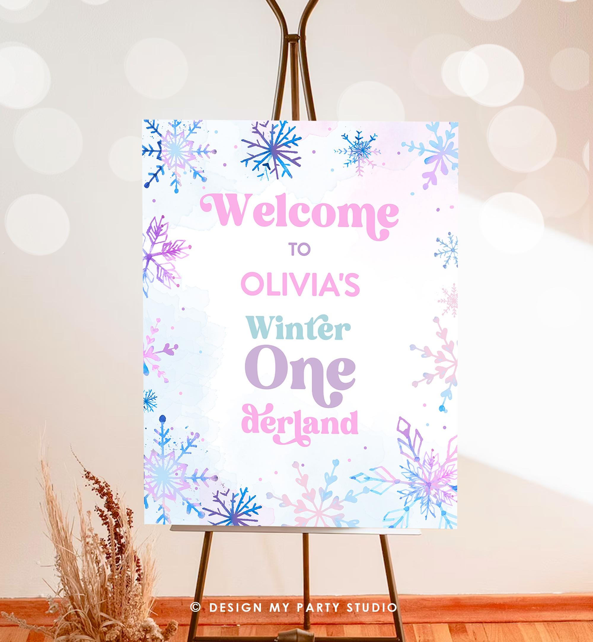 Editable Winter ONEderland Welcome Sign Watercolor First Birthday Girl Pink Purple Snowflake Princess Castle Digital Template Printable 0518