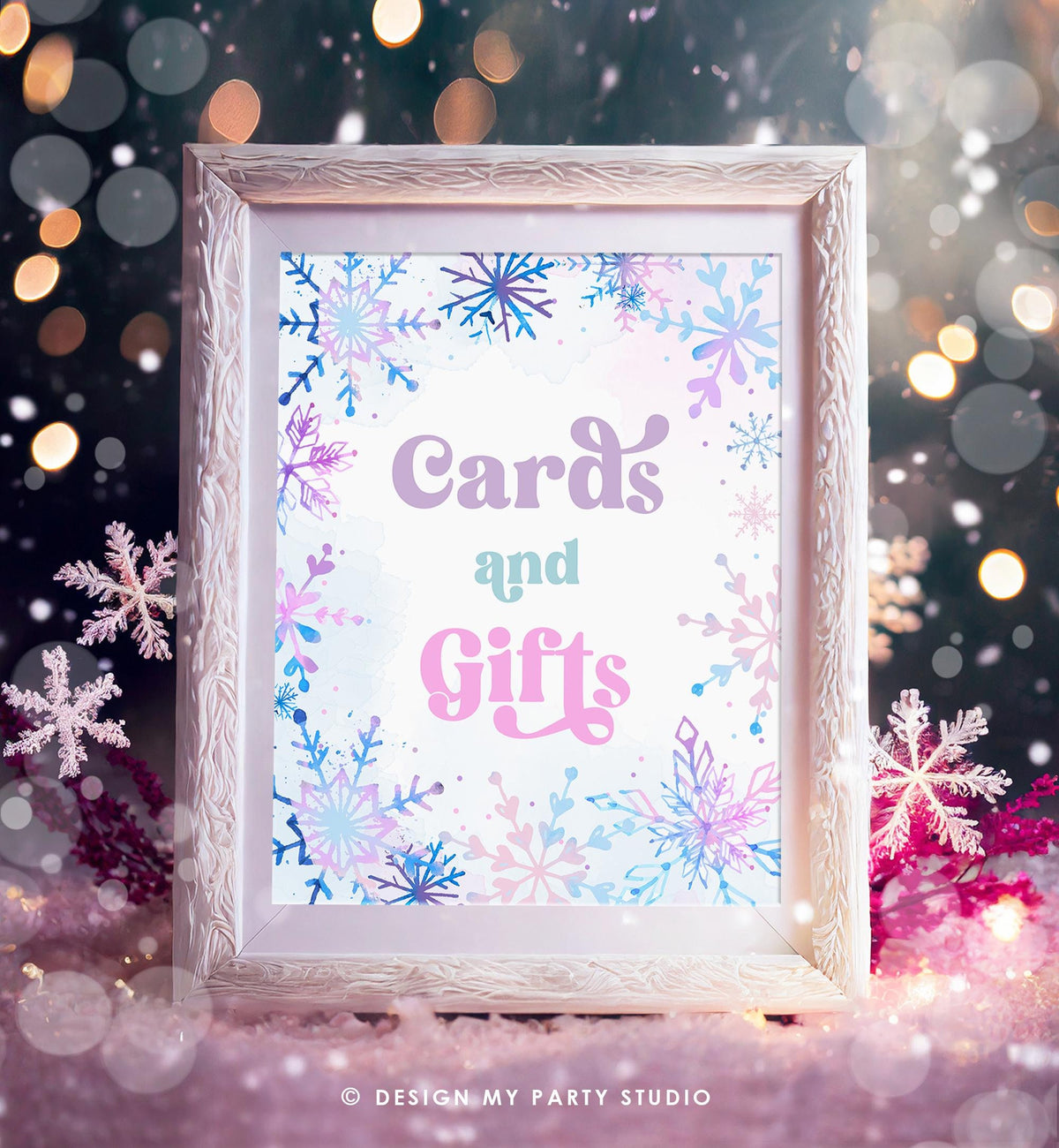 Cards and Gifts Sign Winter Onederland Wonderland First Birthday Girl Pink Purple Snowflake Princess Castle Decor Digital Printable 0518