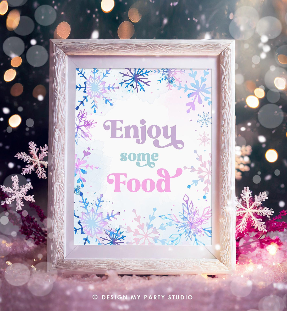 Enjoy Some Food Sign Winter Onederland Wonderland First Birthday Girl Pink Purple Snowflake Princess Castle Decor Digital Printable 0518