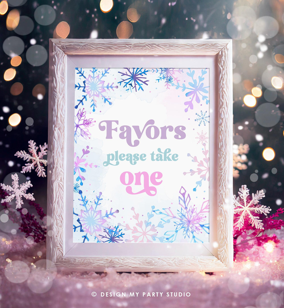 Favors Sign Winter Onederland Wonderland First Birthday Girl Pink Purple Snowflake Princess Castle Decor Digital Download Printable 0518