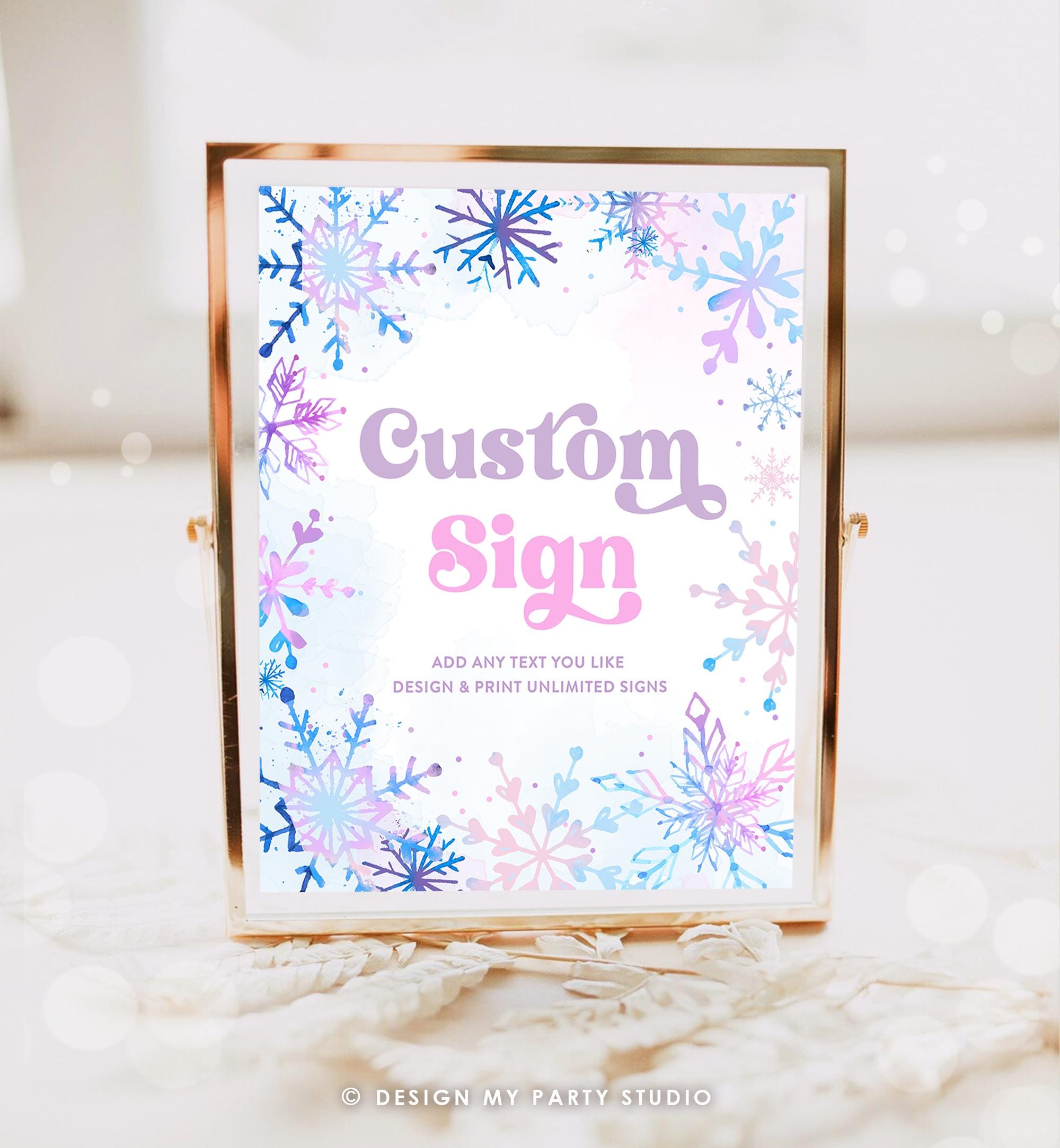 Editable Custom Sign Winter Onederland Wonderland First Birthday Girl Pink Purple Snowflake Princess Castle Decor Digital Printable 0518