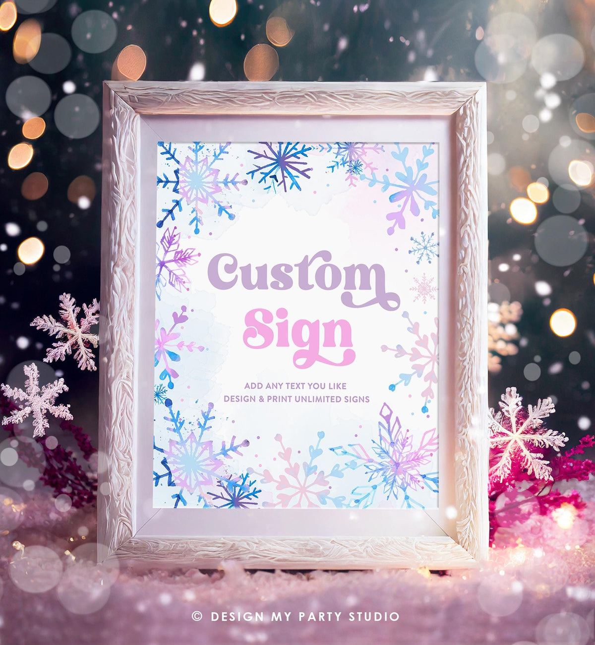 Editable Custom Sign Winter Onederland Wonderland First Birthday Girl Pink Purple Snowflake Princess Castle Decor Digital Printable 0518