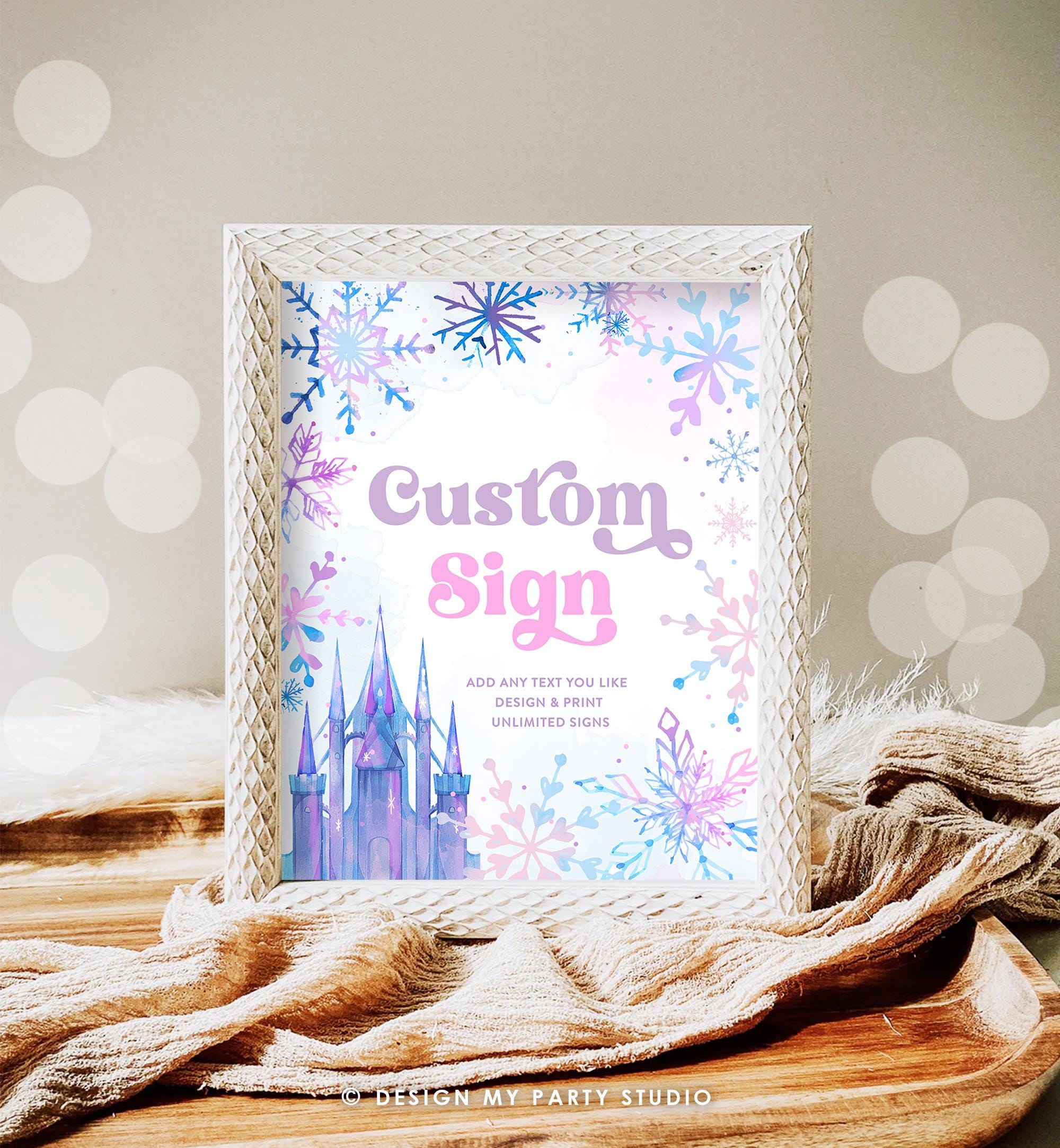 Editable Custom Sign Winter Onederland Wonderland First Birthday Girl Pink Purple Snowflake Princess Castle Decor Digital Printable 0518