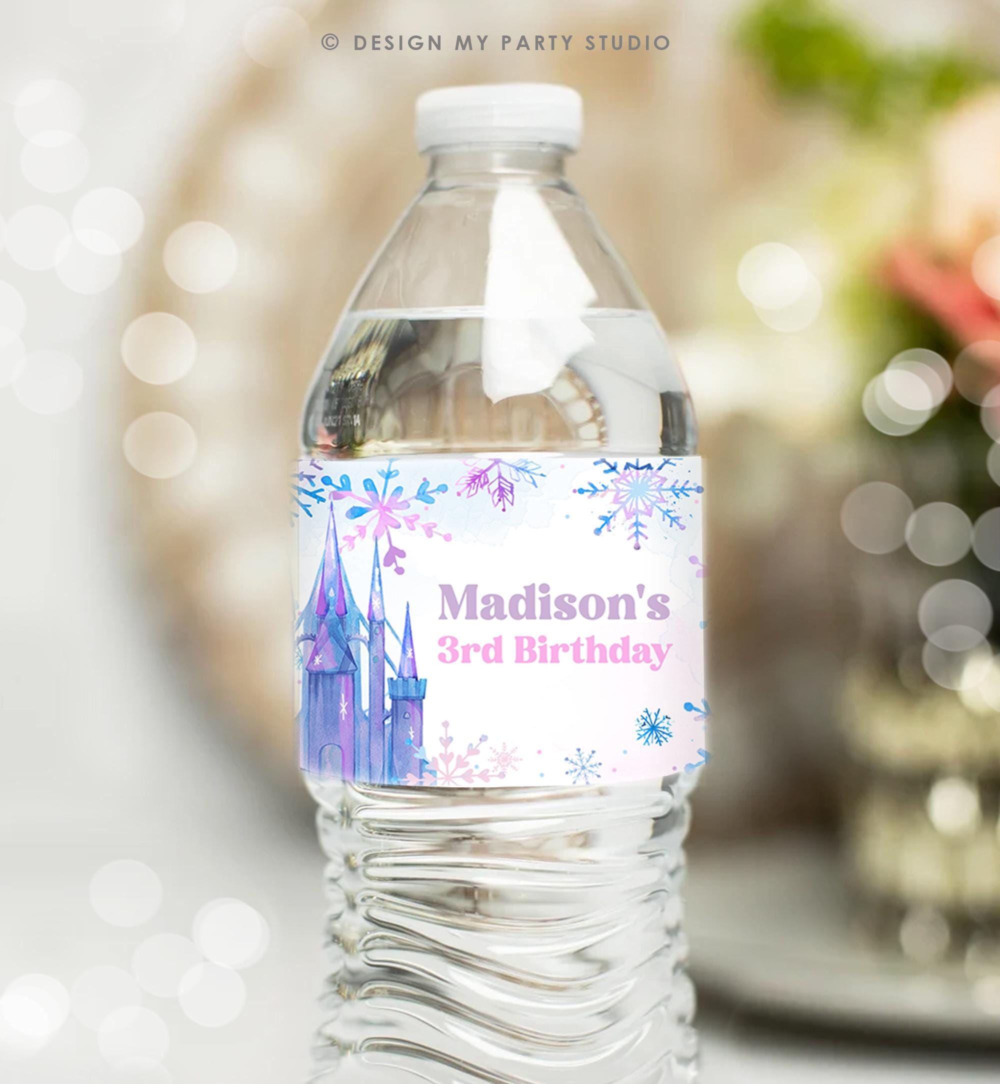 Editable Winter Snowflake Water Bottle Label Winter Onederland Wonderland Birthday Castle Girl Christmas Digital Template Printable 0518