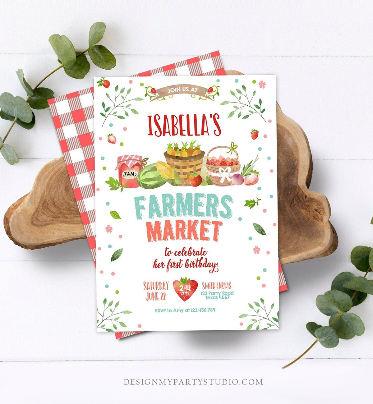 Editable Farmers Market Birthday Invitation Strawberry Home Grown Fruits Veggies Locally Grown Download Corjl Template Printable 0144