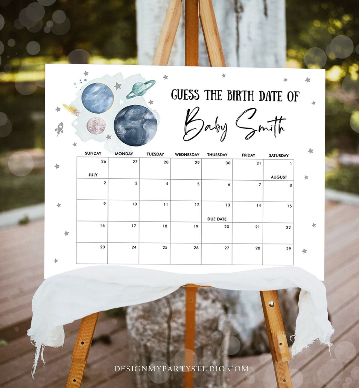 Editable Guess the Birth Date Baby Shower Game Guess Birthday Outer Space Astronaut Planets Galaxy Silver Corjl Template Printable 0357