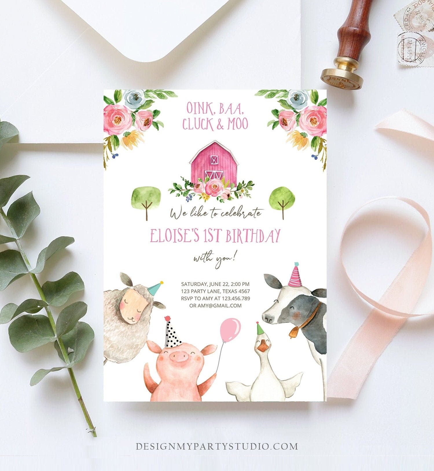 Editable Farm Birthday Invitation Girl Farm Animals Pink Floral Barnyard Party Download Printable Invitation Template Digital Corjl 0155