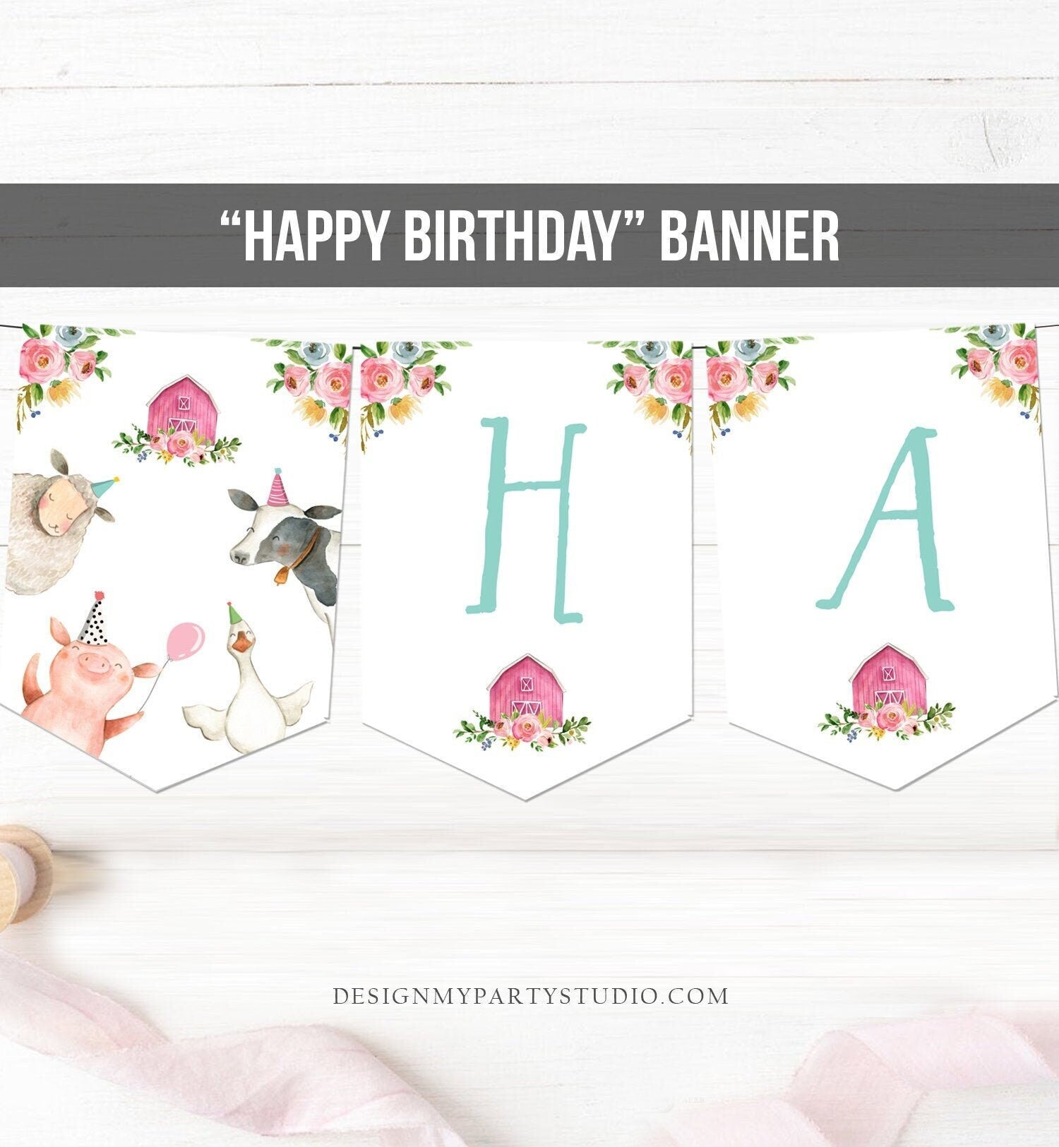 Happy Birthday Banner Pink Farm Birthday Banner Farm Animals Girl Barnyard Birthday Decorations Instant download PRINTABLE DIGITAL DIY 0155