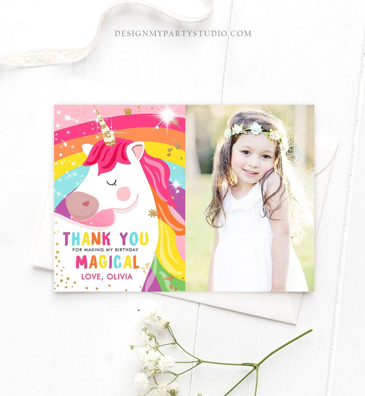 Editable Unicorn Thank You Card Magical Birthday Party Rainbow Thank You Note Pink Girl Photo Unicorn Printable Template Corjl Digital 0323