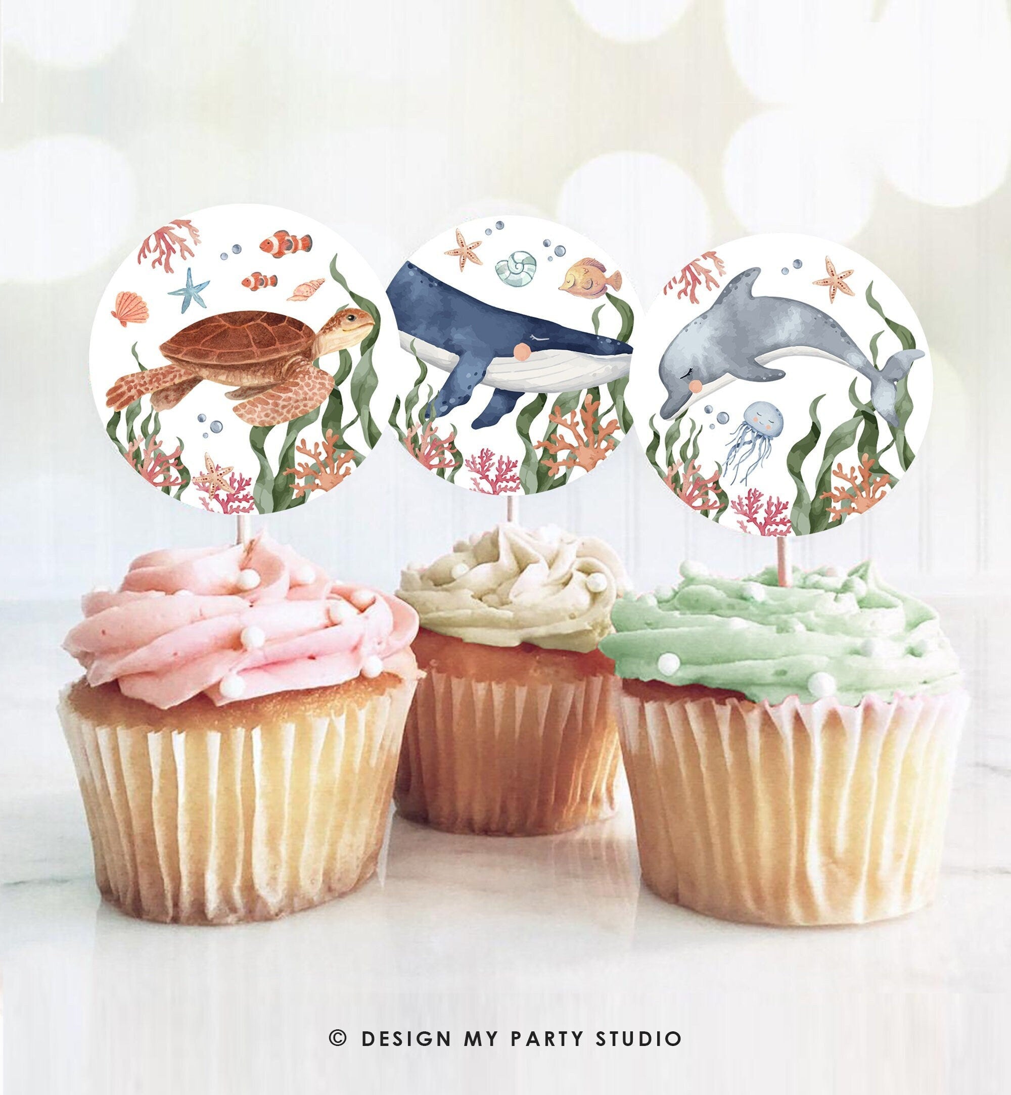 Under the Sea Birthday Party Cupcake Toppers Whale Turtle Dolphin Jellyfish Sea Life Birthday Party Cake Toppers Decor Instant Download 0504