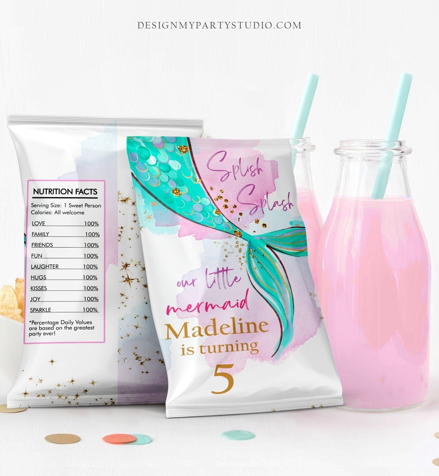 Editable Mermaid Chip Bag Mermaid Birthday Party Decor Girl Pink Purple Gold Under The Sea Snack Favors Download Digital Corjl Template 0403