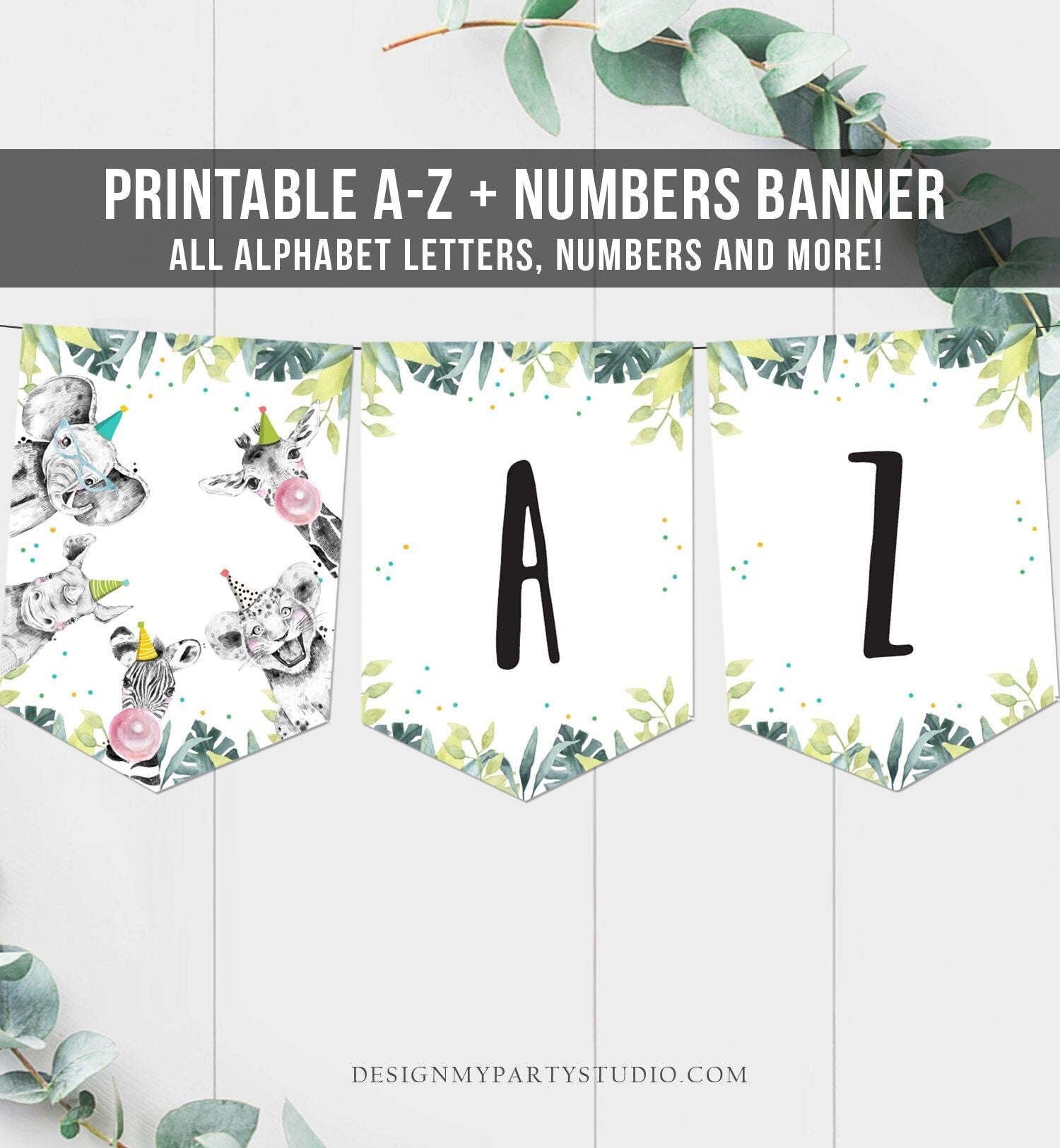 Safari Party Animals Birthday Banner A-Z Alphabet Numbers Banner First Happy Birthday Banner Boy Neutral Safari Animals Decor Printable 0322