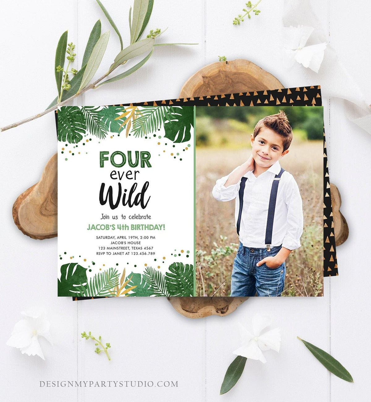 Editable Fourever Wild Birthday Invitation Tropical Safari Zoo Jungle Party Gold Boy Fourth Birthday 4th Four Ever Wild Corjl Template 0332