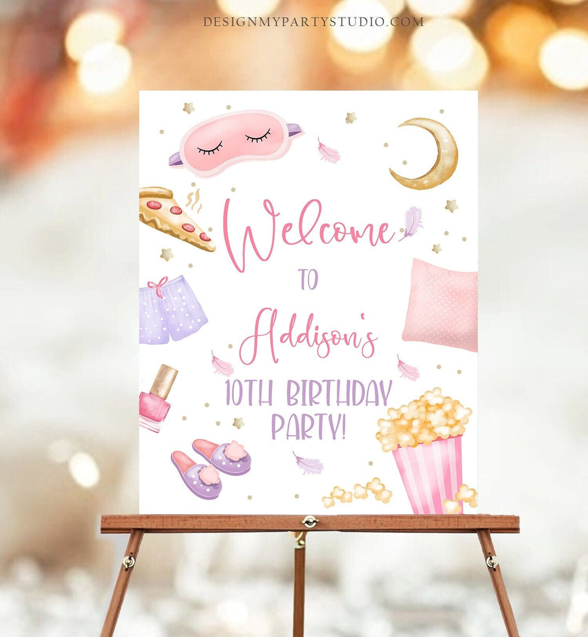 Editable Sleepover Birthday Welcome Sign Slumber Party Poster Pajamas Movie Night Pizza Popcorn Download Template Printable 16x20 Corjl 0447