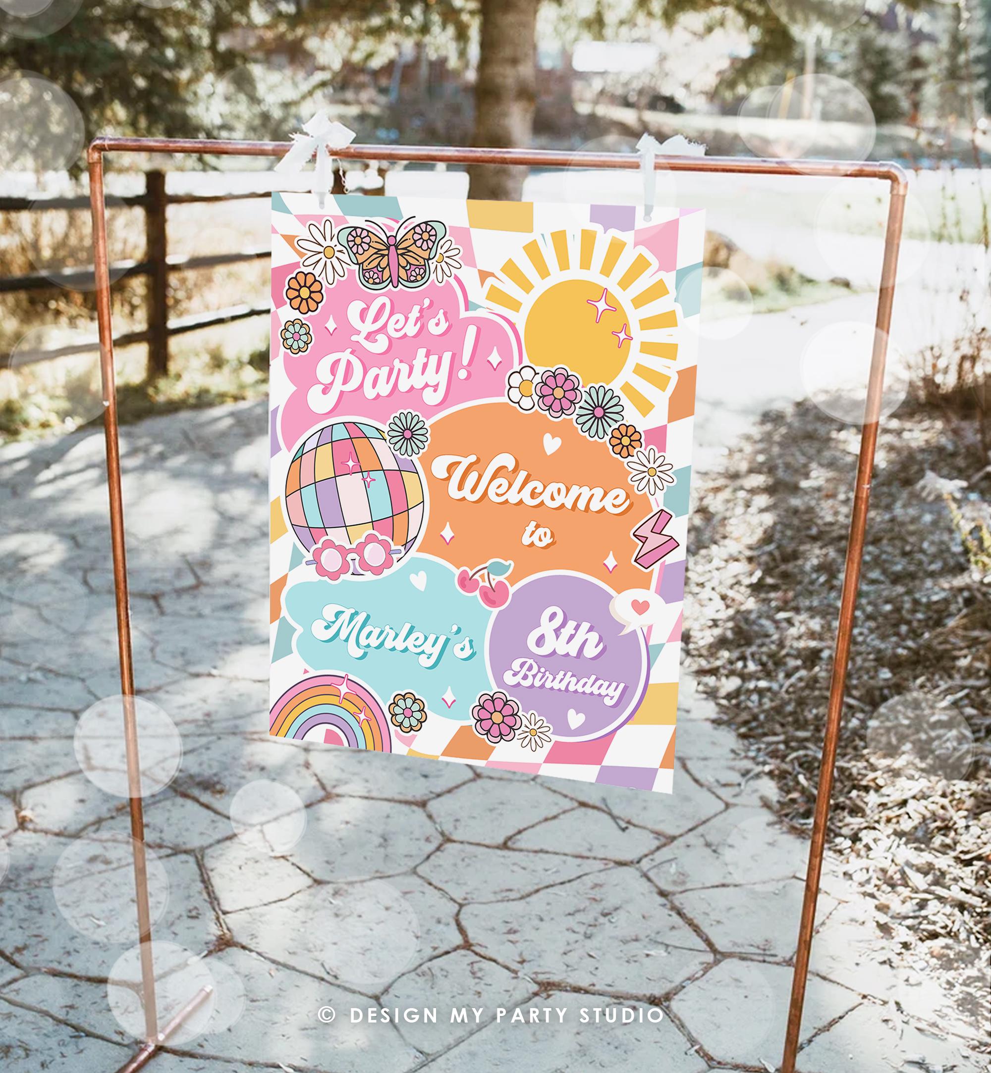 Editable Groovy Birthday Welcome Sign Rainbow Sunshine Girl Pink Peace Love Party Retro Hippie Digital Download Template Printable 0524