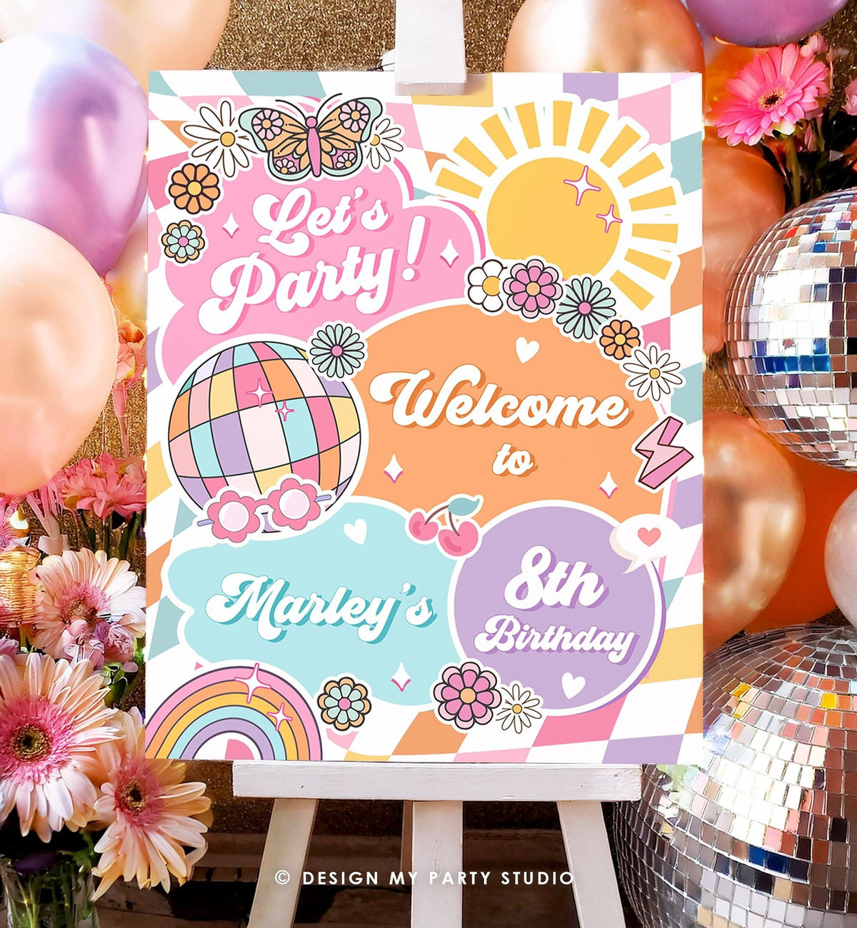 Editable Groovy Birthday Welcome Sign Rainbow Sunshine Girl Pink Peace Love Party Retro Hippie Digital Download Template Printable 0524