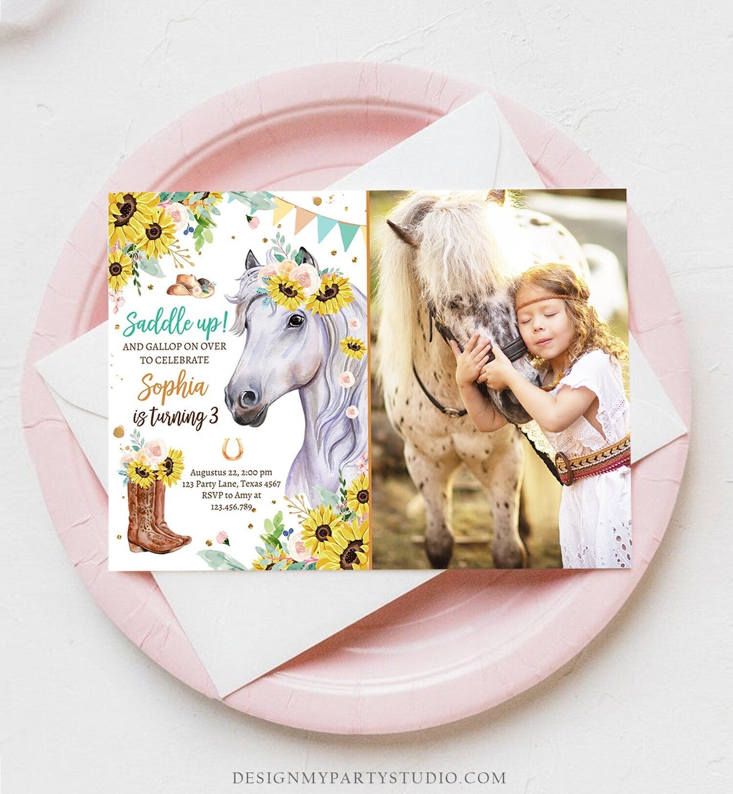 Editable Cowgirl Birthday Invitation Girl Saddle Up Watercolor Horse Party Horse Birthday Sunflowers Download Printable Template Corjl 0408