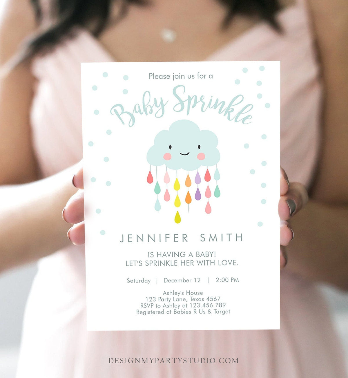 Editable Cloud Baby Sprinkle Invitation Raindrop Sprinkle with Love Rain Drops Neutral Digital Download Corjl Template Printable 0036