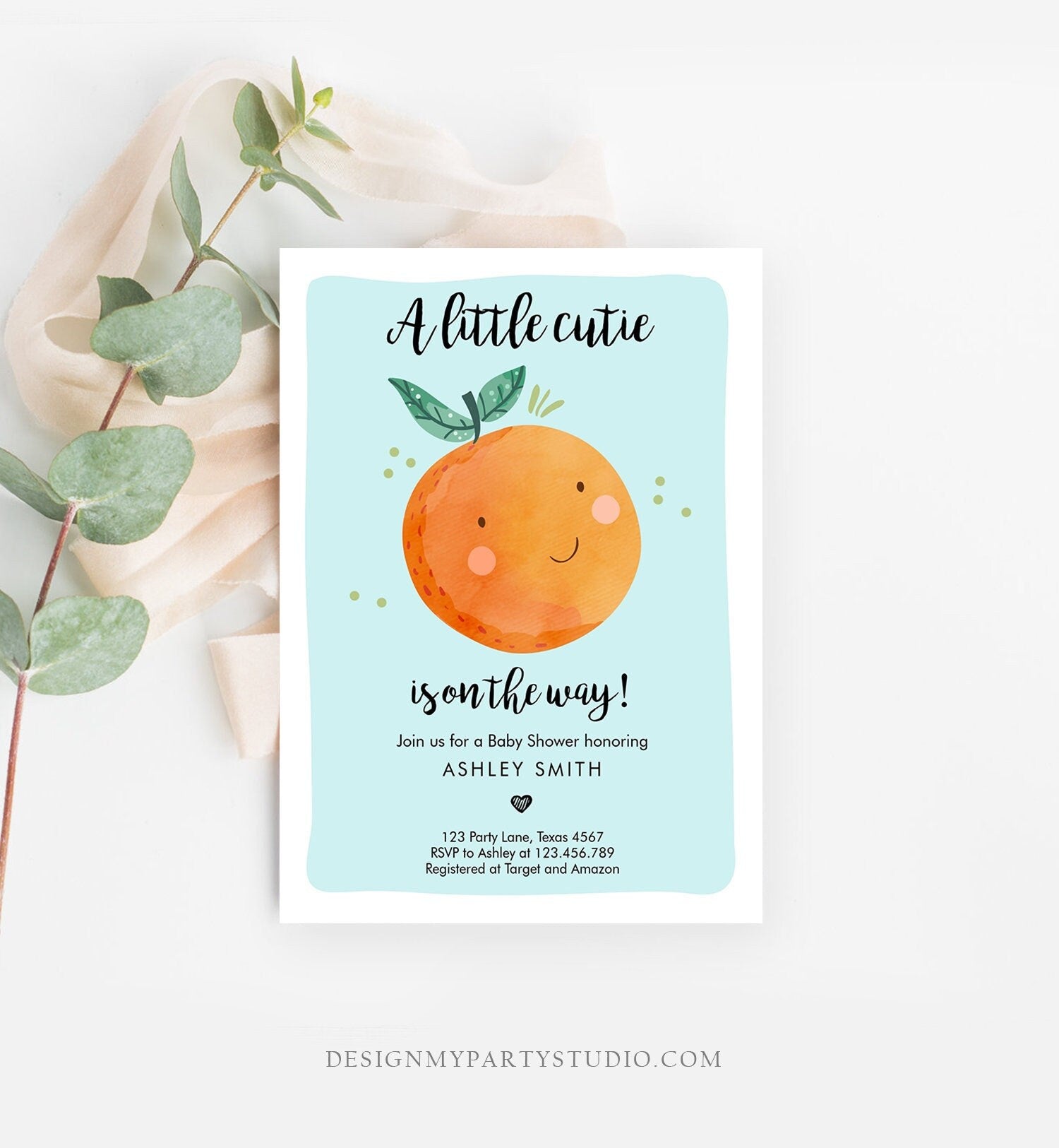 Editable A Little Cutie is on The Way Baby Shower Invitation Clementine Orange Coed Shower Boy Blue Download Printable Corjl Template 0330