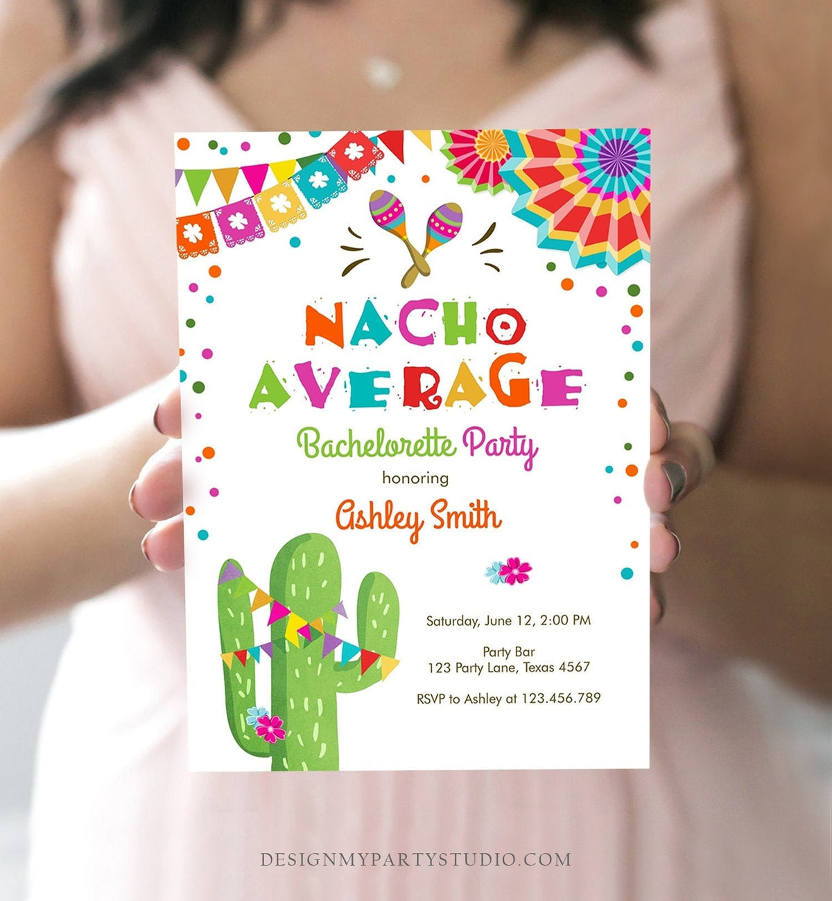 Editable Nacho Average Bachelorette Party Invitation Cactus Pink Let&amp;#39;s Fiesta Mexican Bridal Shower Digital Download Corjl Template 0045