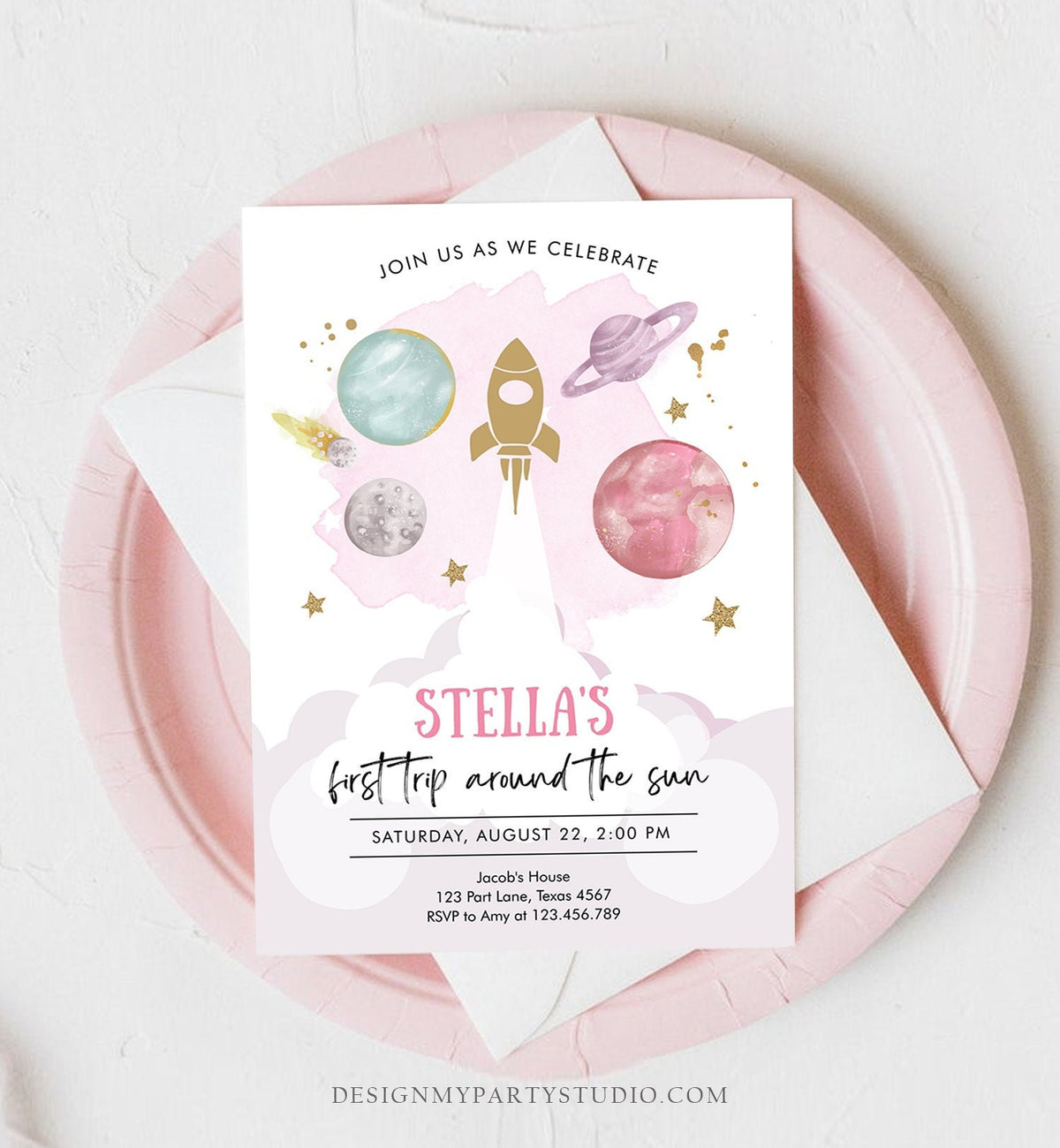 Editable Outer Space Girl First Birthday Invitation Galaxy Blast Off First Trip Around the Sun Pink Download Printable Template Corjl 0357