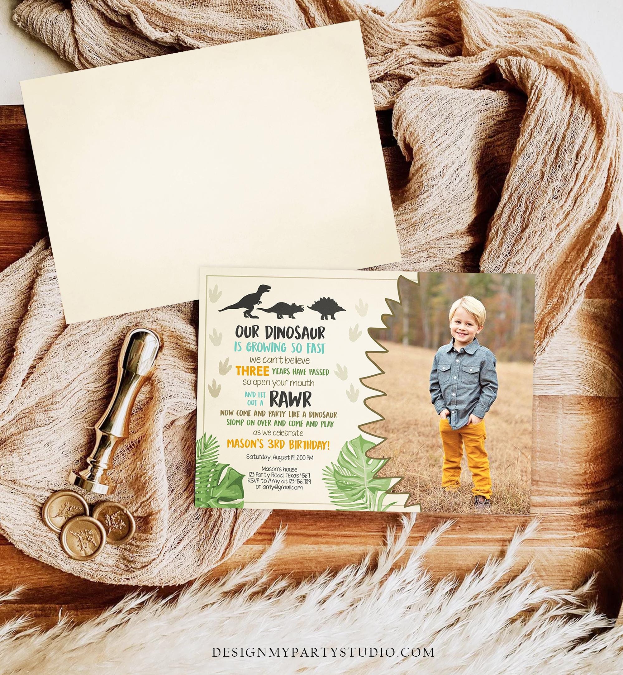 Editable Dinosaur Birthday Invitation Dino Dig Party Prehistoric Boy Photo T-Rex RAWR Digital Download Corjl Template Printable 0043