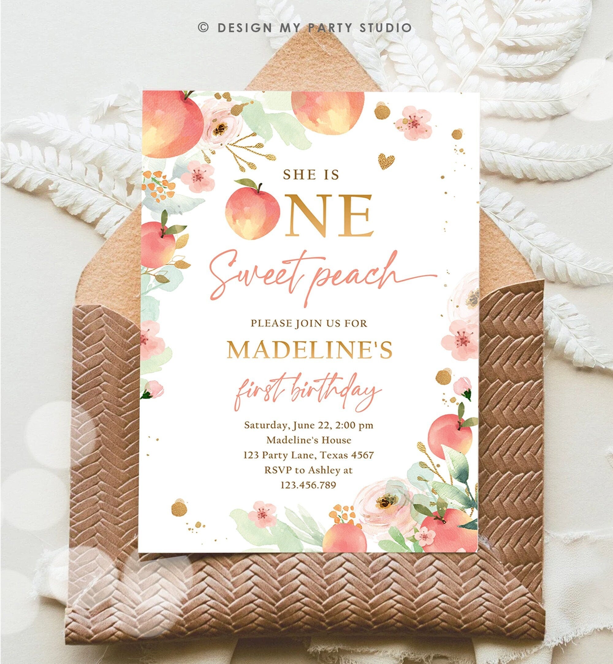 Editable One Sweet Peach First Birthday Invitation 1st Birthday Sweet Peach Girl Boho Peaches Digital Download Corjl Template Printable 0401