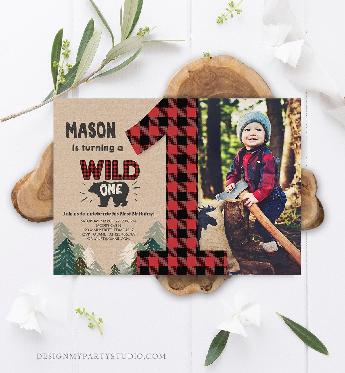 Editable Lumberjack Wild One Birthday Invitation First Birthday Forest Trees Red Plaid Outdoor Bear Boy 1st Corjl Template Printable 0026