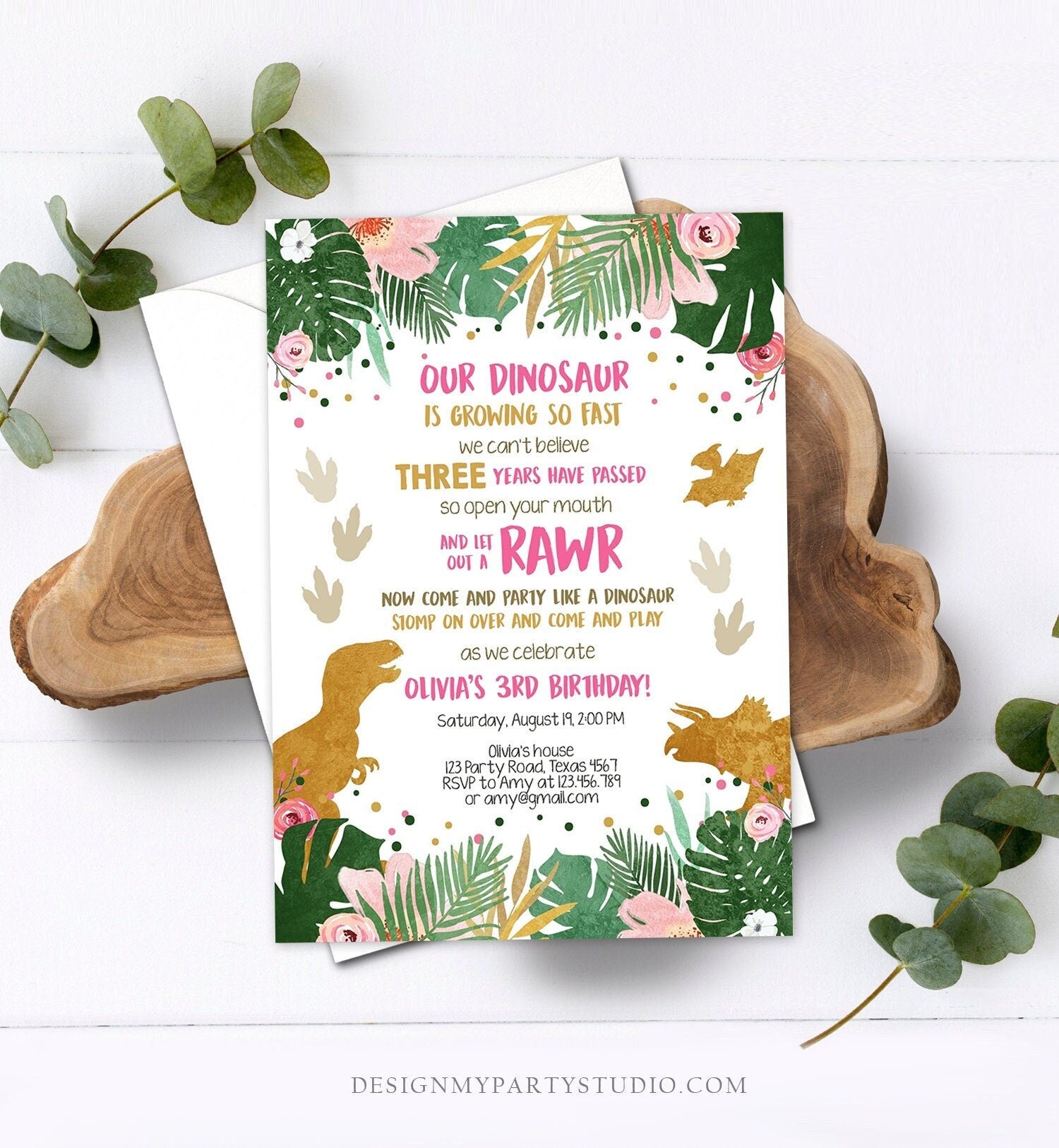 Editable Dinosaur Birthday Invitation ANY AGE Dino Party T-Rex Prehistoric RAWR Girl Pink Gold Download Corjl Template Printable 0146