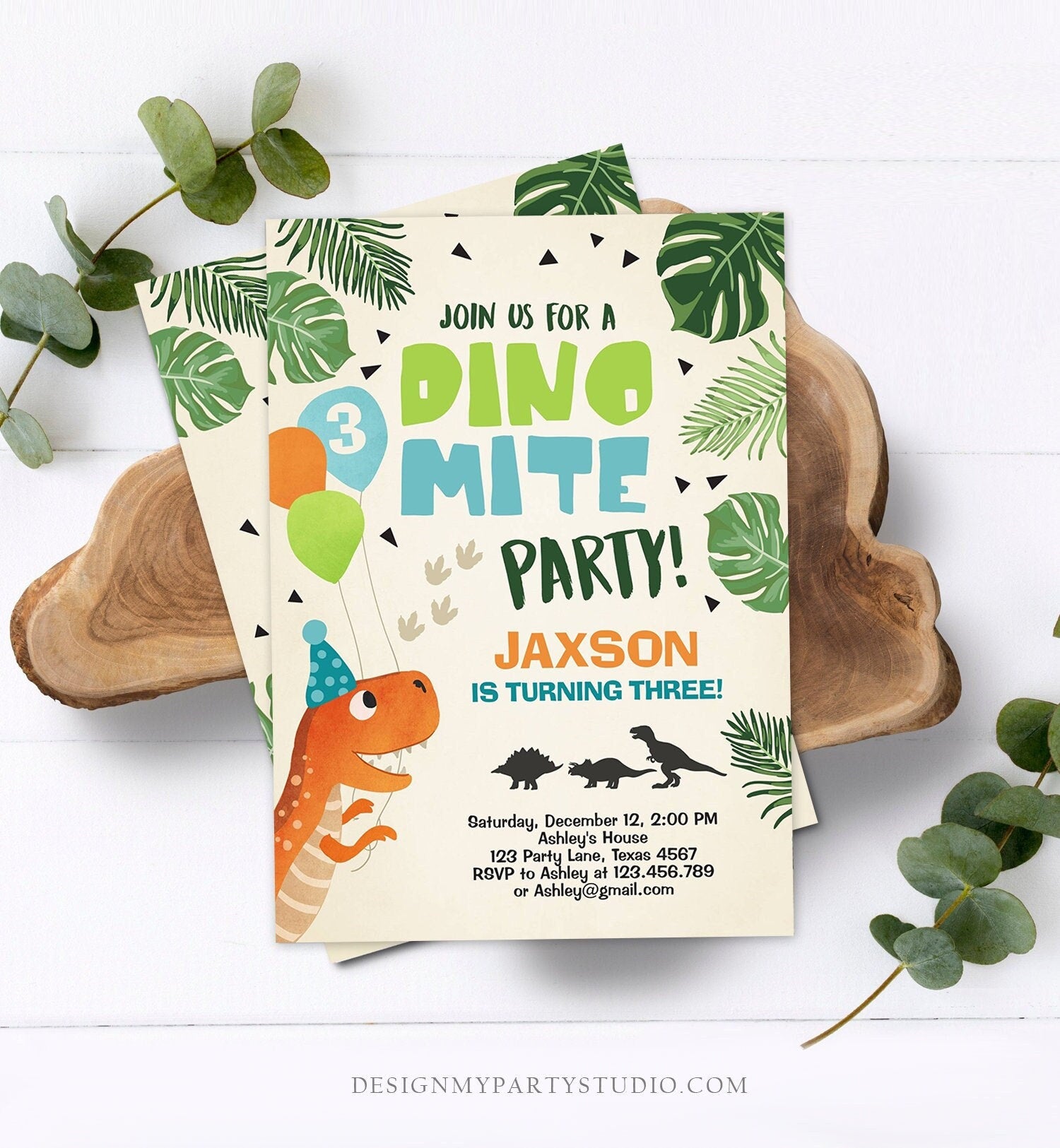 Editable Dinosaur Birthday Invitation Dino Mite T-Rex Dig Party Prehistoric Boy Dino Fossil Digital Download Corjl Template Printable 0074