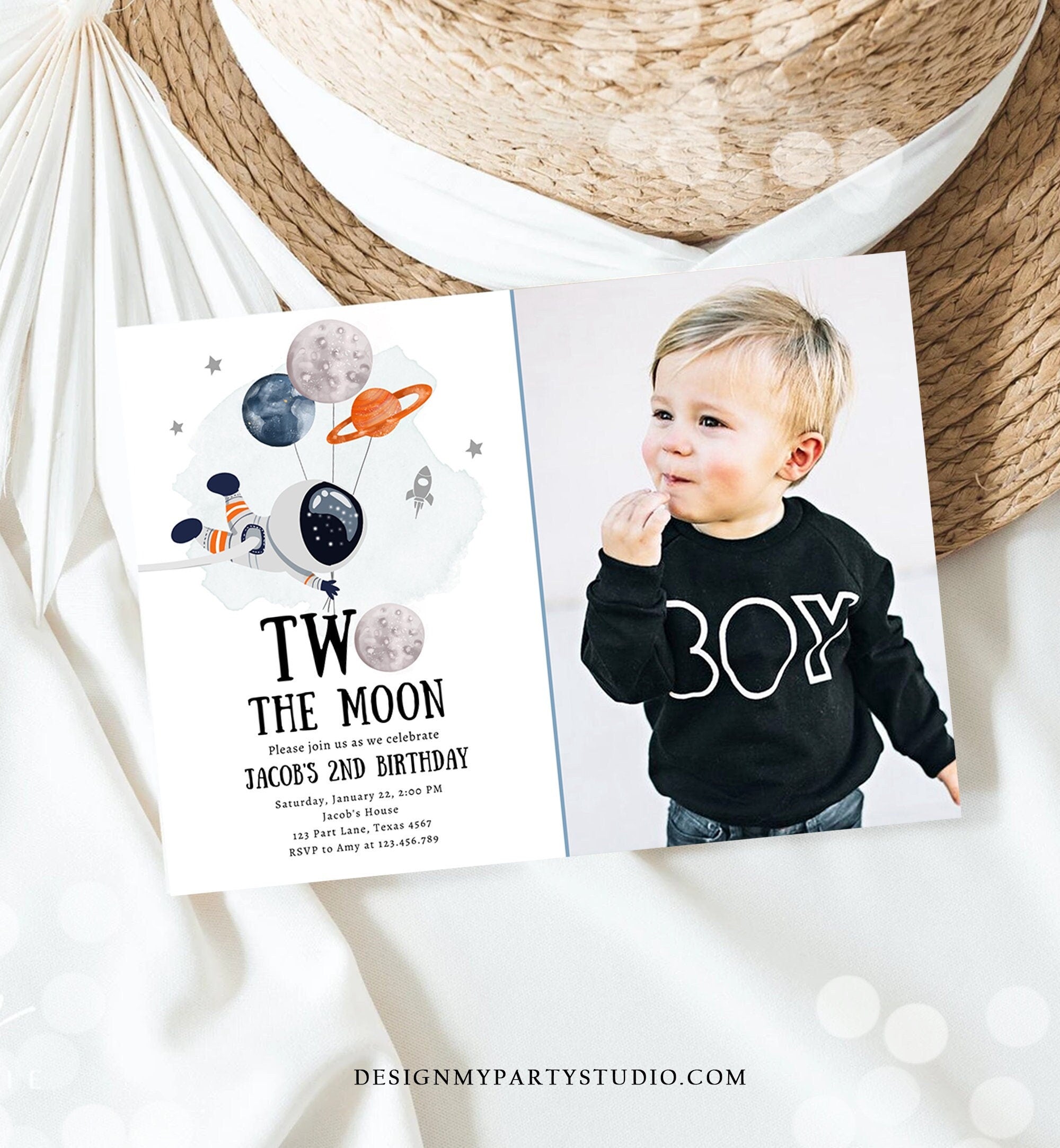 Editable Two the Moon Outer Space Birthday Invitation Out of this World Astronaut Blue Orange Boy Second 2nd Corjl Template Printable 0366