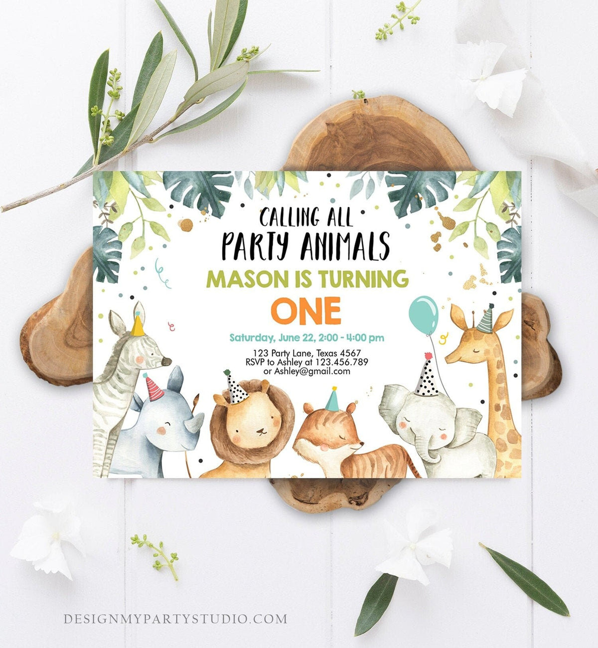 Editable Party Animals Birthday Invitation Wild One Animals Invitation Zoo Safari Animals Boy Download Printable Invite Template Corjl 0163